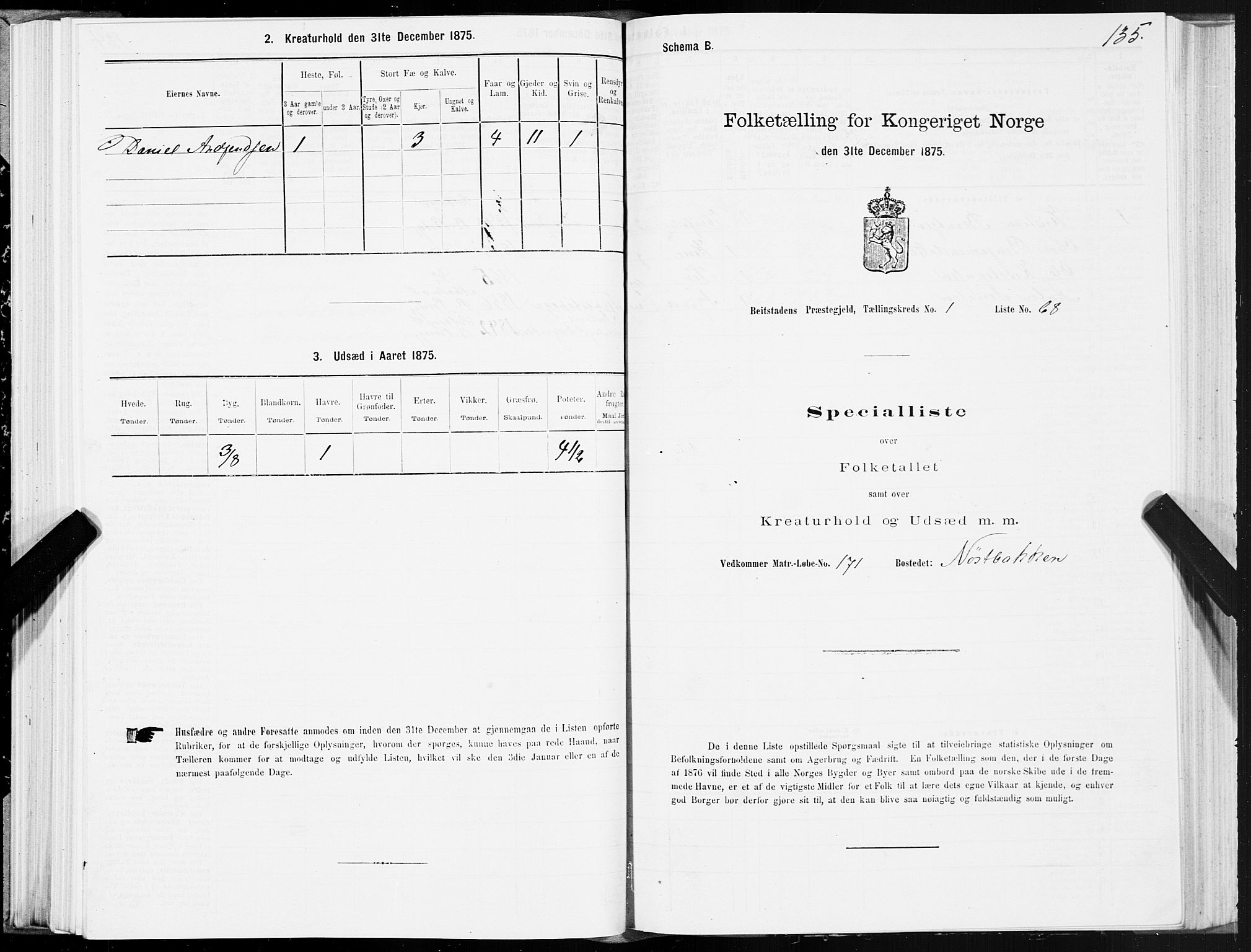 SAT, 1875 census for 1727P Beitstad, 1875, p. 1135