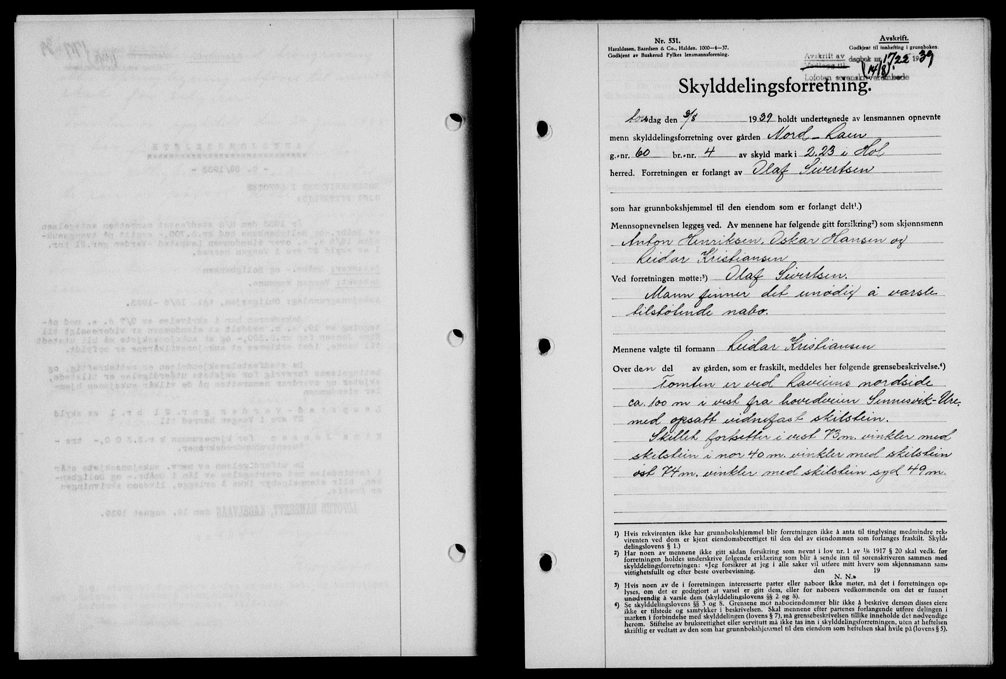Lofoten sorenskriveri, SAT/A-0017/1/2/2C/L0006a: Mortgage book no. 6a, 1939-1939, Diary no: : 1722/1939