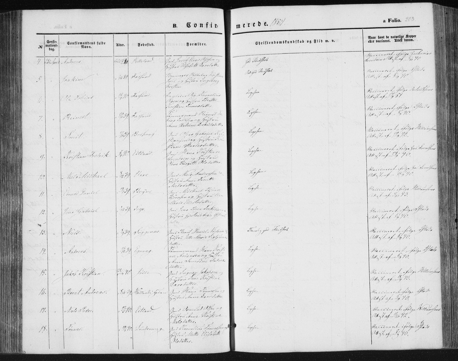 Lista sokneprestkontor, SAK/1111-0027/F/Fa/L0010: Parish register (official) no. A 10, 1846-1861, p. 208