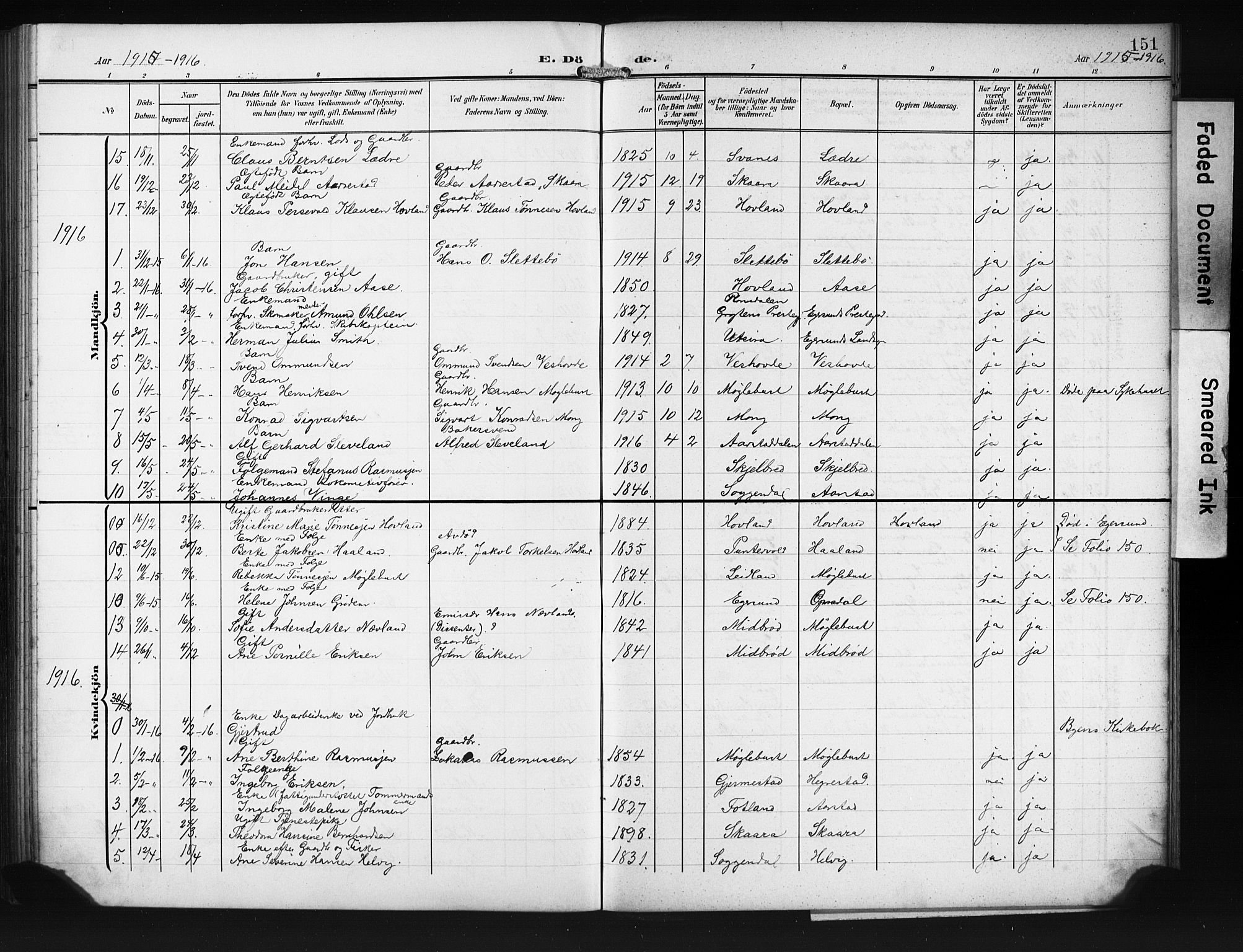 Eigersund sokneprestkontor, AV/SAST-A-101807/S09/L0011: Parish register (copy) no. B 11, 1908-1930, p. 151