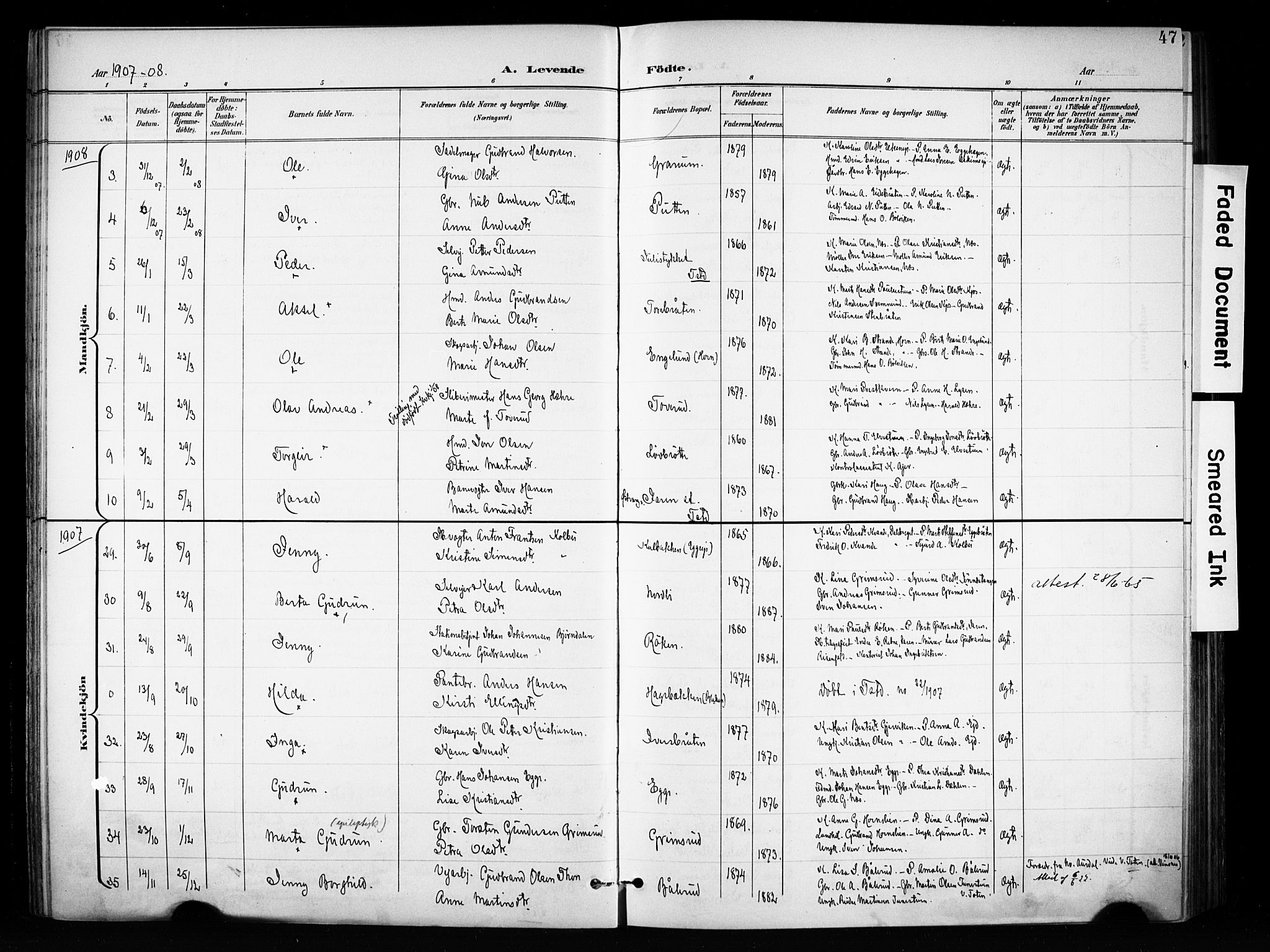 Brandbu prestekontor, SAH/PREST-114/H/Ha/Haa/L0001: Parish register (official) no. 1, 1900-1912, p. 47