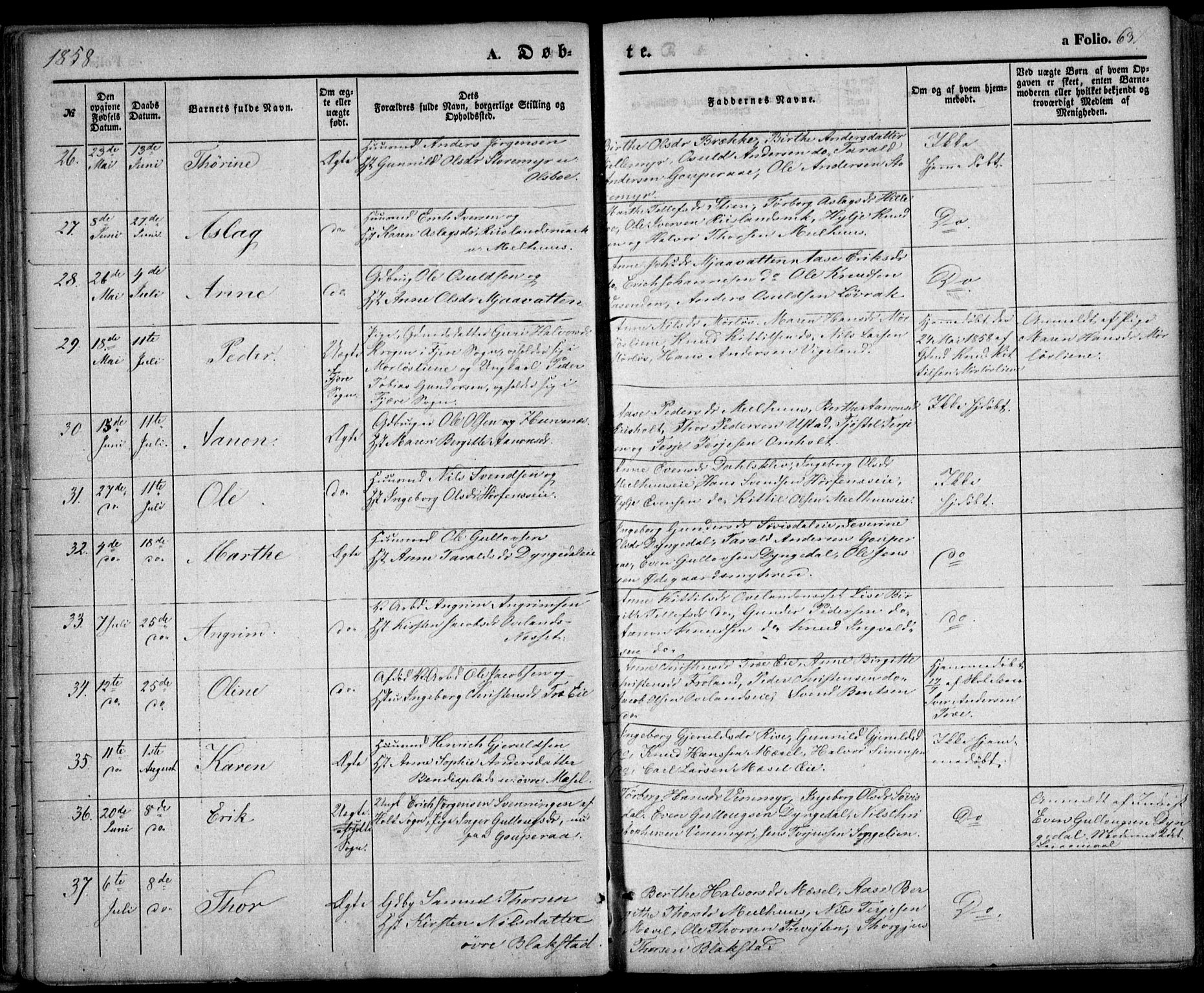 Froland sokneprestkontor, SAK/1111-0013/F/Fa/L0002: Parish register (official) no. A 2, 1845-1863, p. 63
