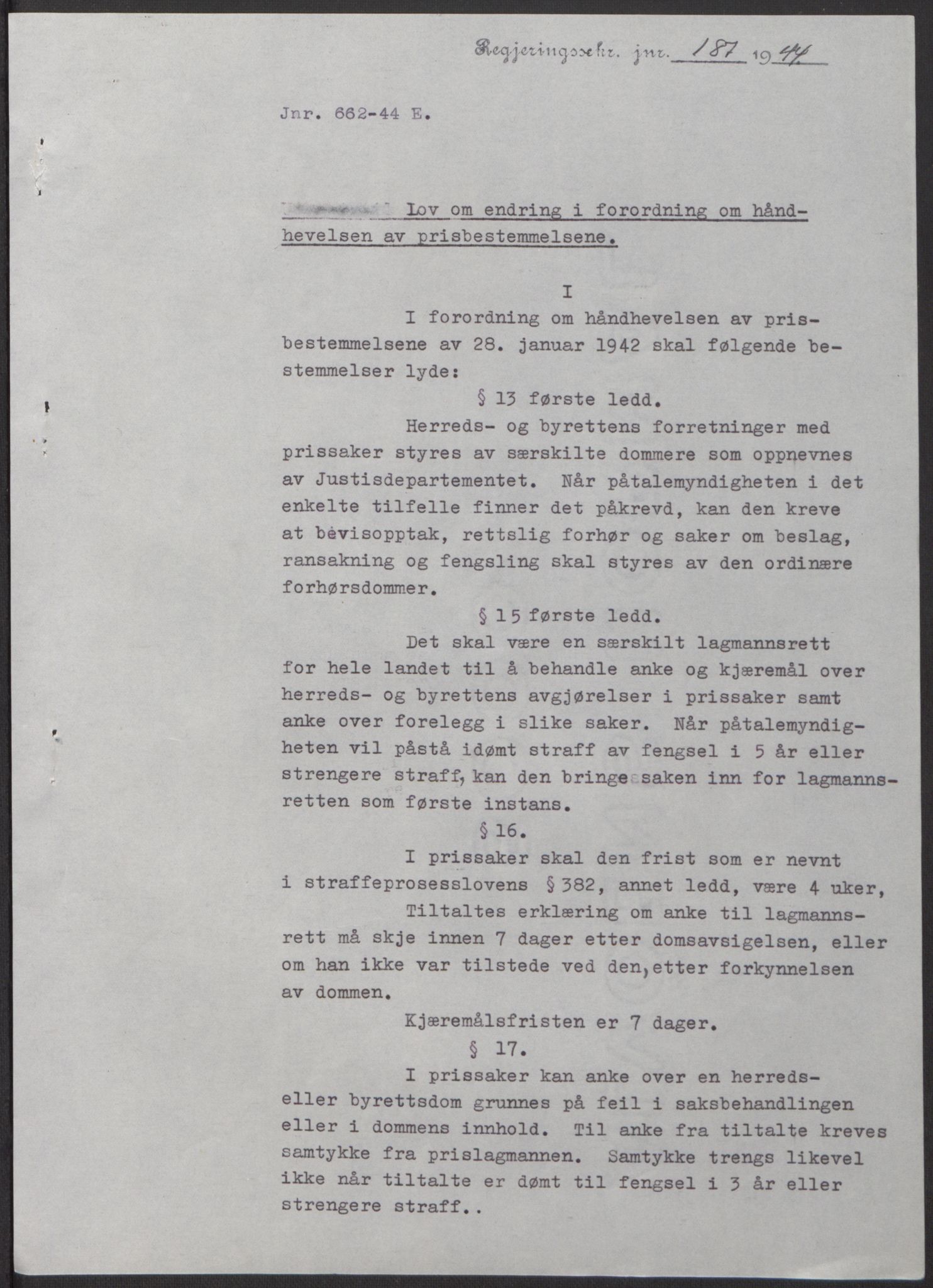 NS-administrasjonen 1940-1945 (Statsrådsekretariatet, de kommisariske statsråder mm), RA/S-4279/D/Db/L0100: Lover, 1944, p. 318