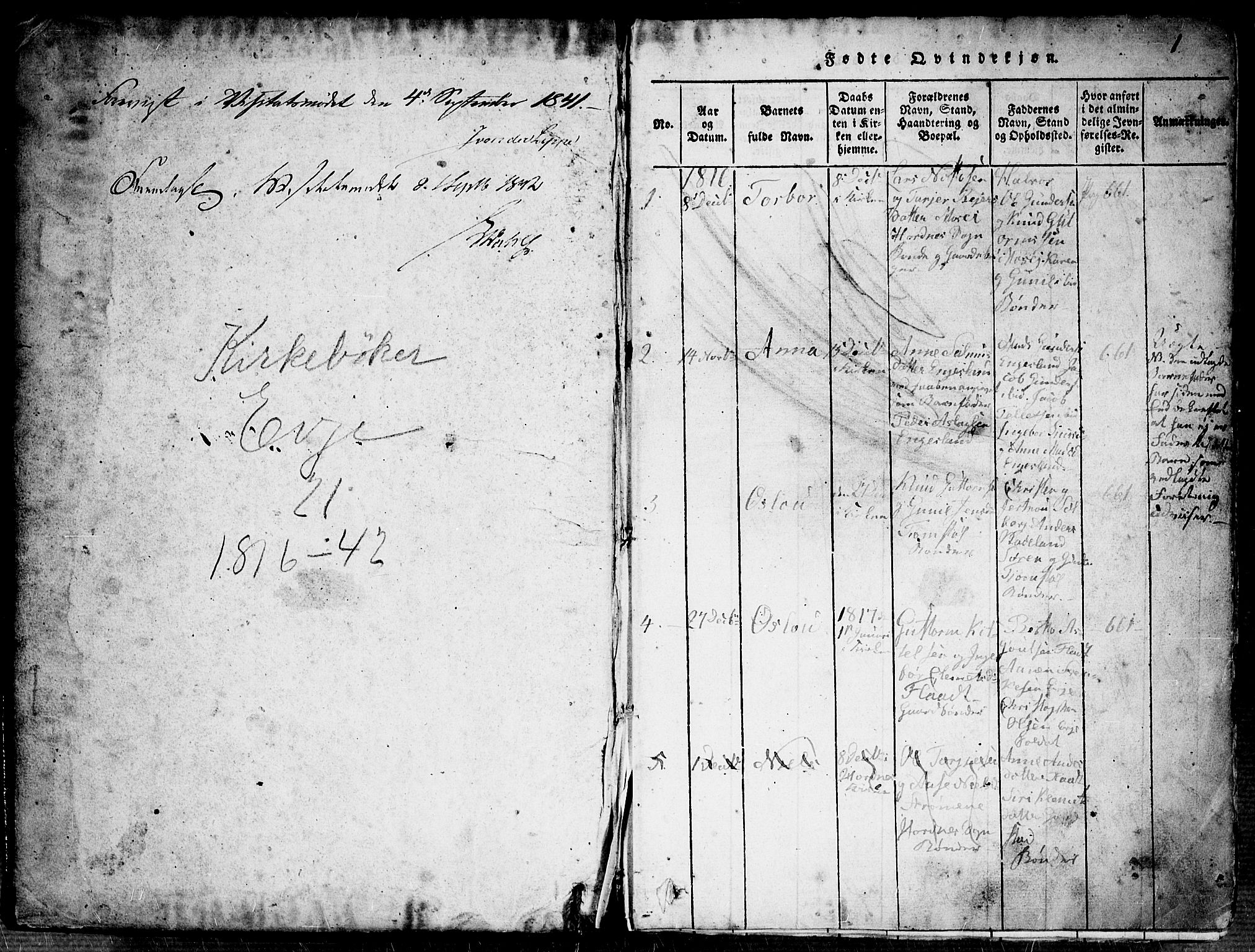 Evje sokneprestkontor, SAK/1111-0008/F/Fb/Fba/L0001: Parish register (copy) no. B 1, 1816-1842, p. 0-1