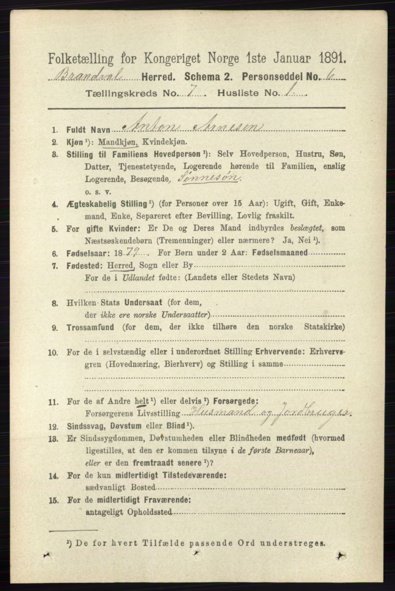 RA, 1891 census for 0422 Brandval, 1891, p. 3330