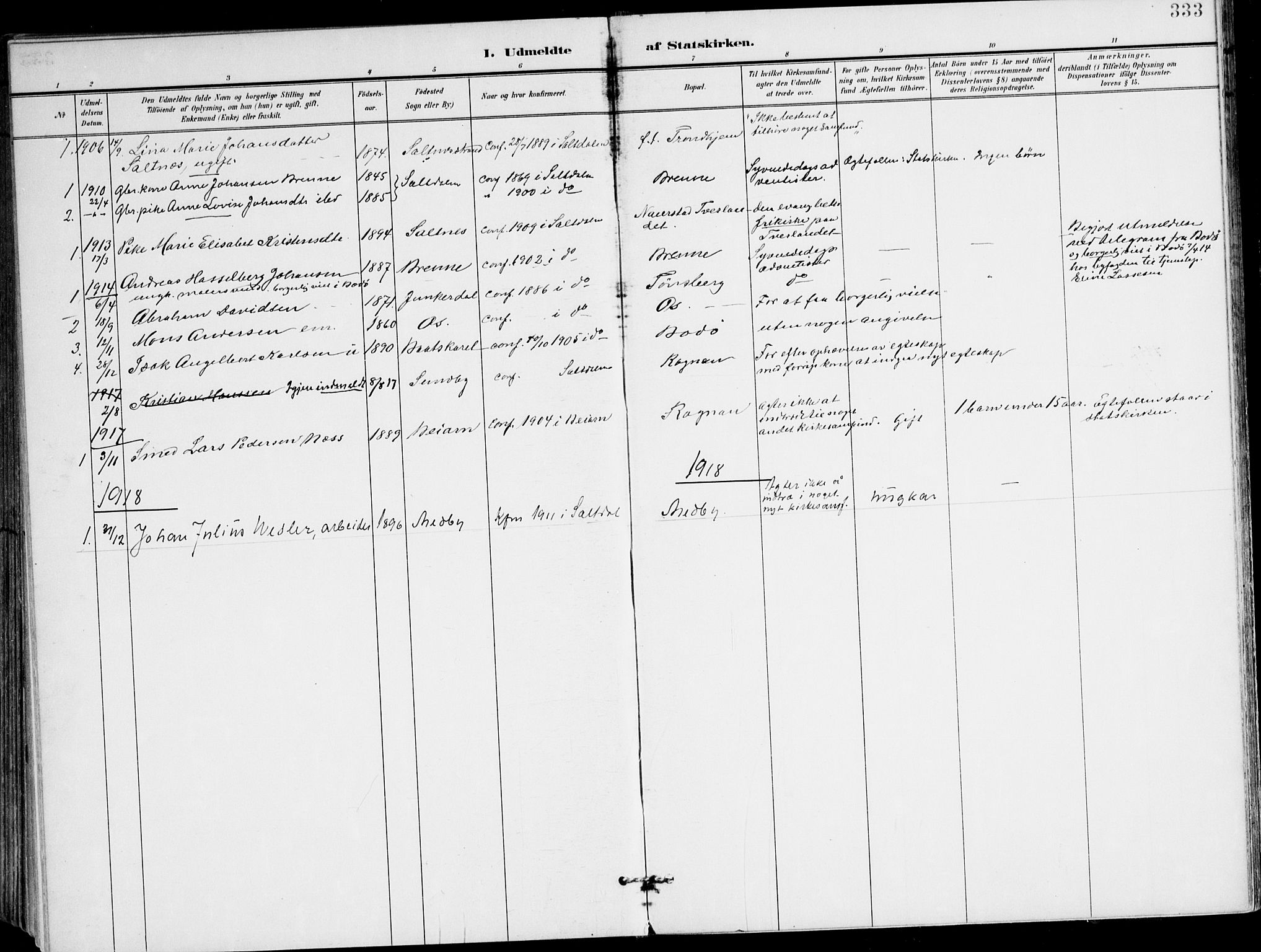Ministerialprotokoller, klokkerbøker og fødselsregistre - Nordland, SAT/A-1459/847/L0672: Parish register (official) no. 847A12, 1902-1919, p. 333