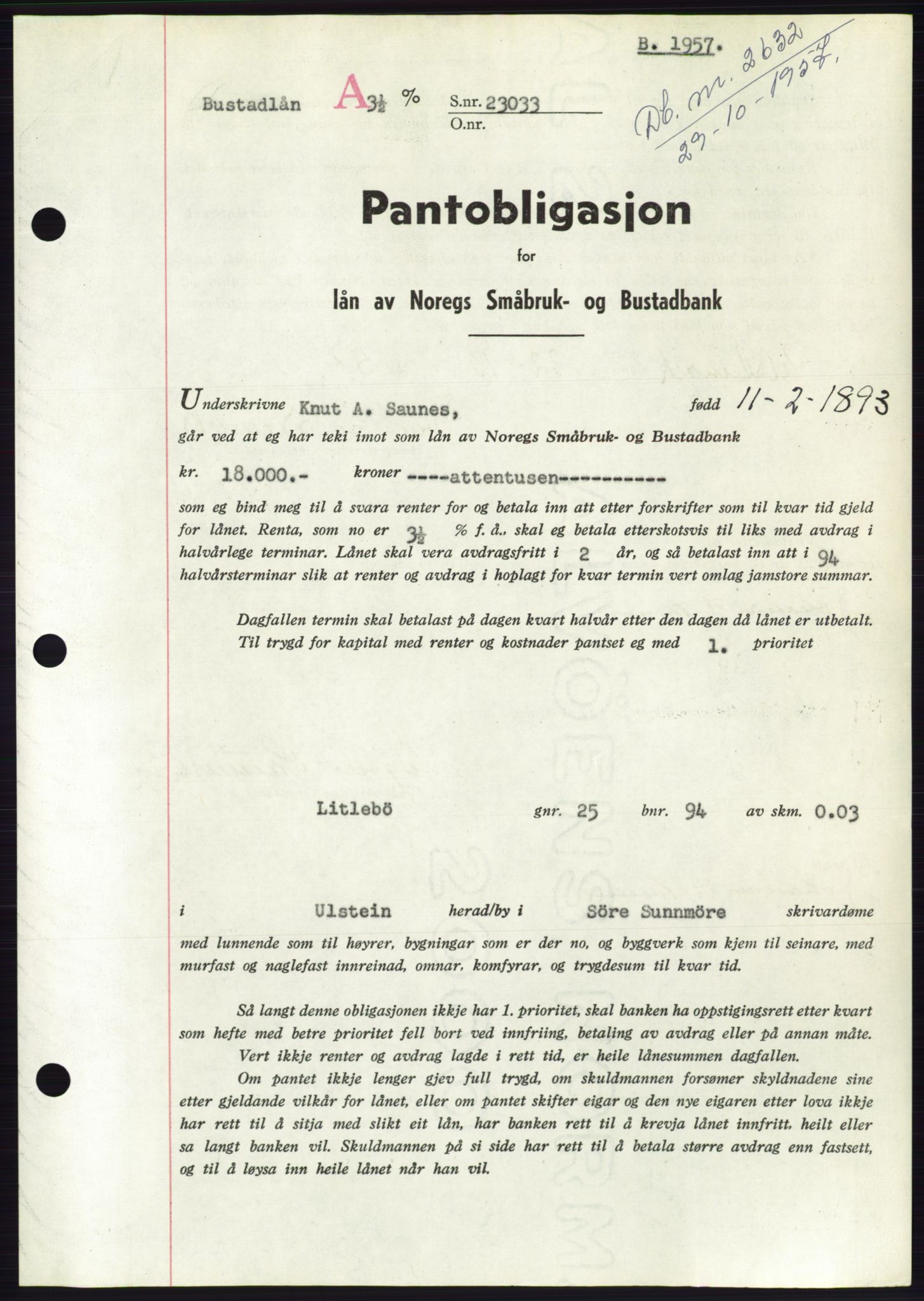 Søre Sunnmøre sorenskriveri, AV/SAT-A-4122/1/2/2C/L0130: Mortgage book no. 18B, 1957-1958, Diary no: : 2632/1957