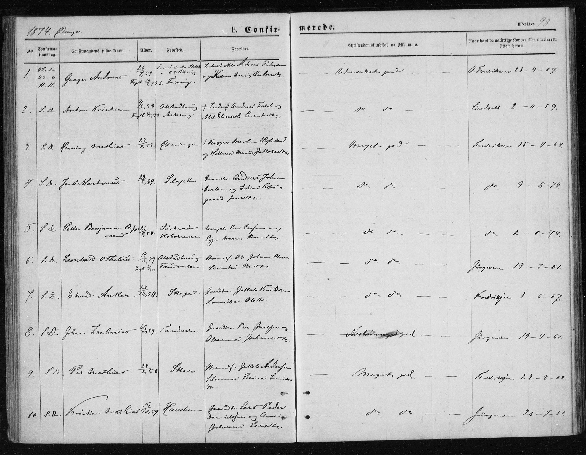 Ministerialprotokoller, klokkerbøker og fødselsregistre - Nordland, AV/SAT-A-1459/834/L0506: Parish register (official) no. 834A04, 1872-1878, p. 98