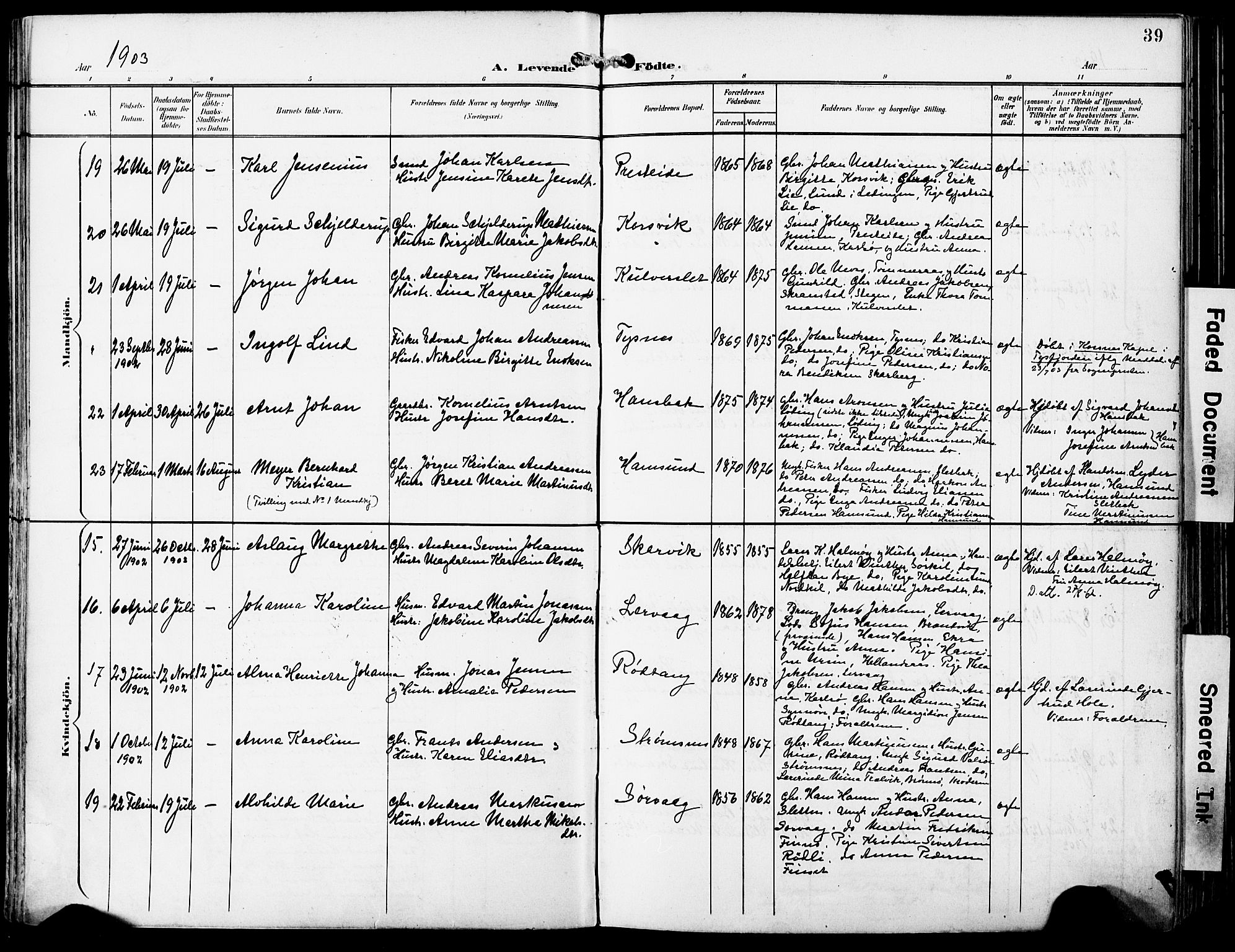 Ministerialprotokoller, klokkerbøker og fødselsregistre - Nordland, AV/SAT-A-1459/859/L0848: Parish register (official) no. 859A08, 1900-1912, p. 39