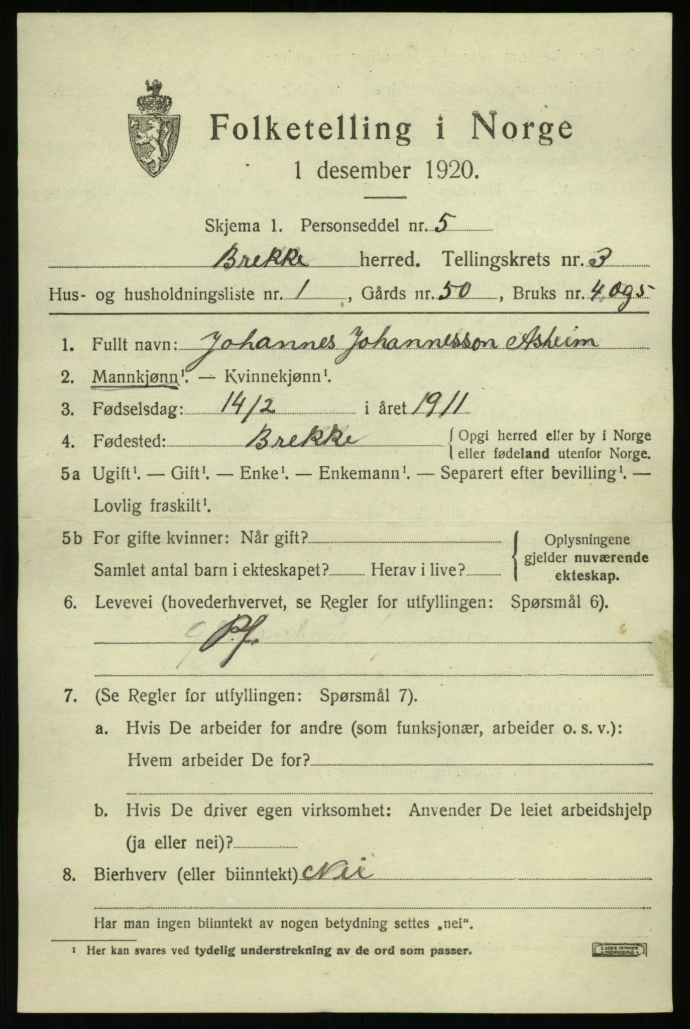 SAB, 1920 census for Brekke, 1920, p. 706