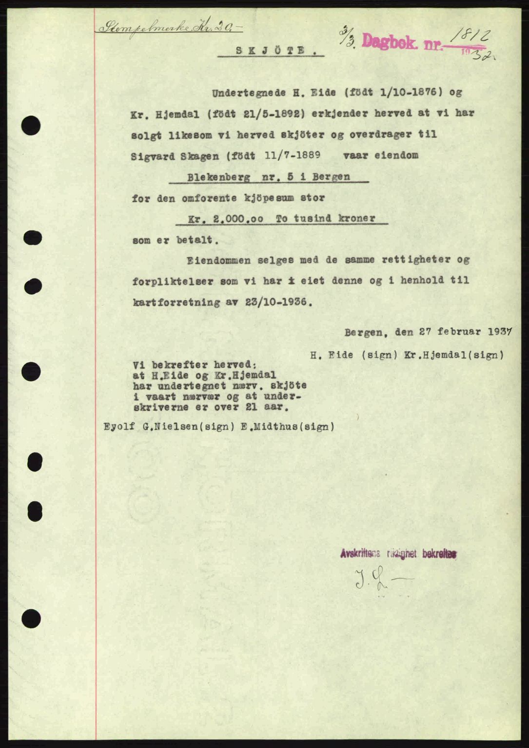 Byfogd og Byskriver i Bergen, SAB/A-3401/03/03Bc/L0004: Mortgage book no. A3-4, 1936-1937, Diary no: : 1812/1937