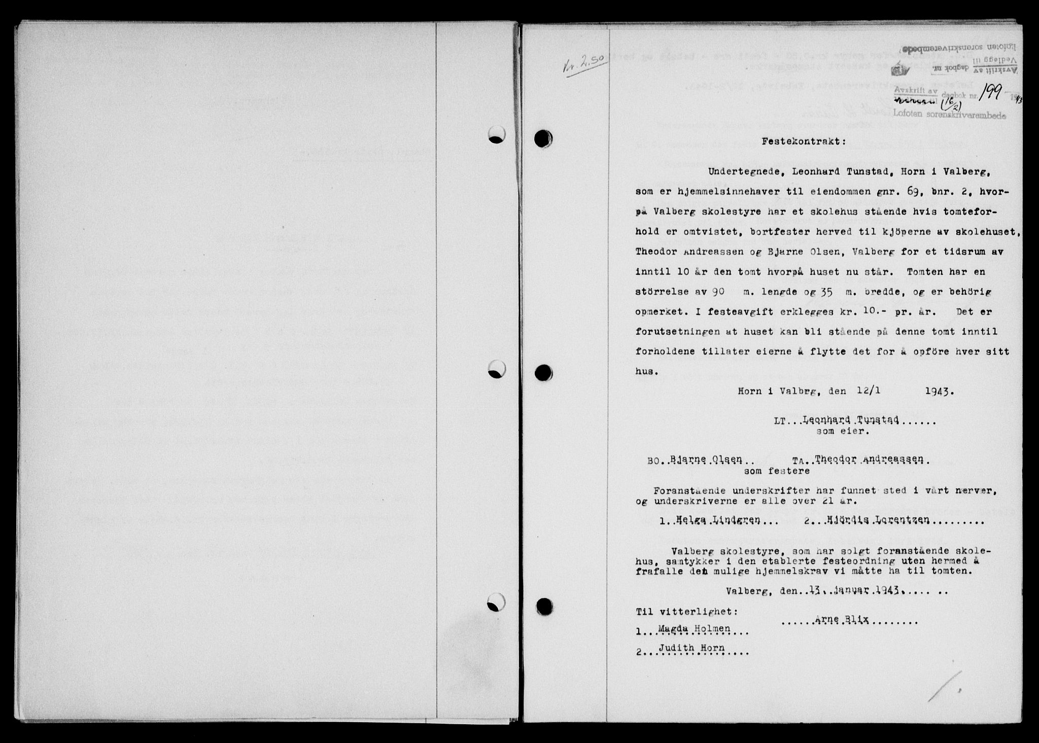 Lofoten sorenskriveri, SAT/A-0017/1/2/2C/L0011a: Mortgage book no. 11a, 1943-1943, Diary no: : 199/1943