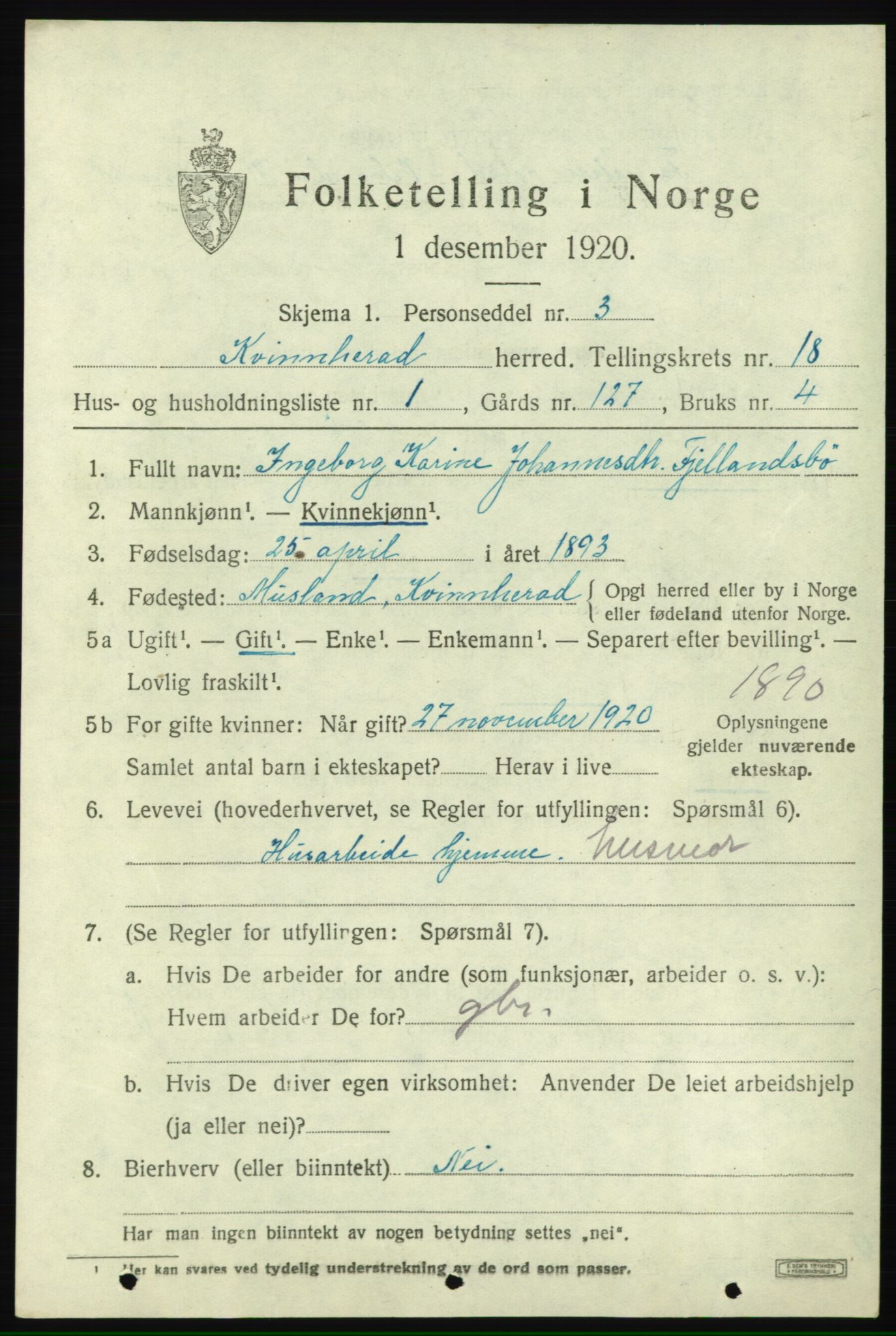 SAB, 1920 census for Kvinnherad, 1920, p. 11596