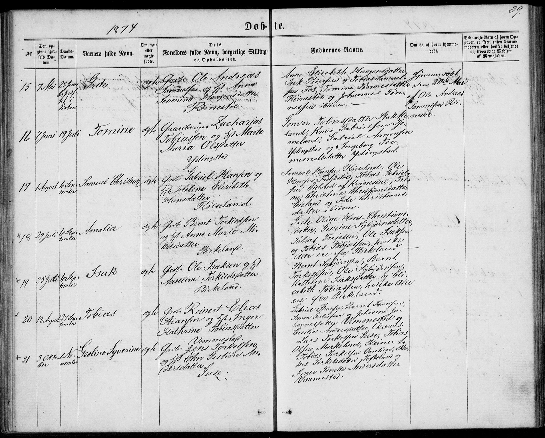 Lyngdal sokneprestkontor, AV/SAK-1111-0029/F/Fa/Fab/L0002: Parish register (official) no. A 2, 1861-1878, p. 39