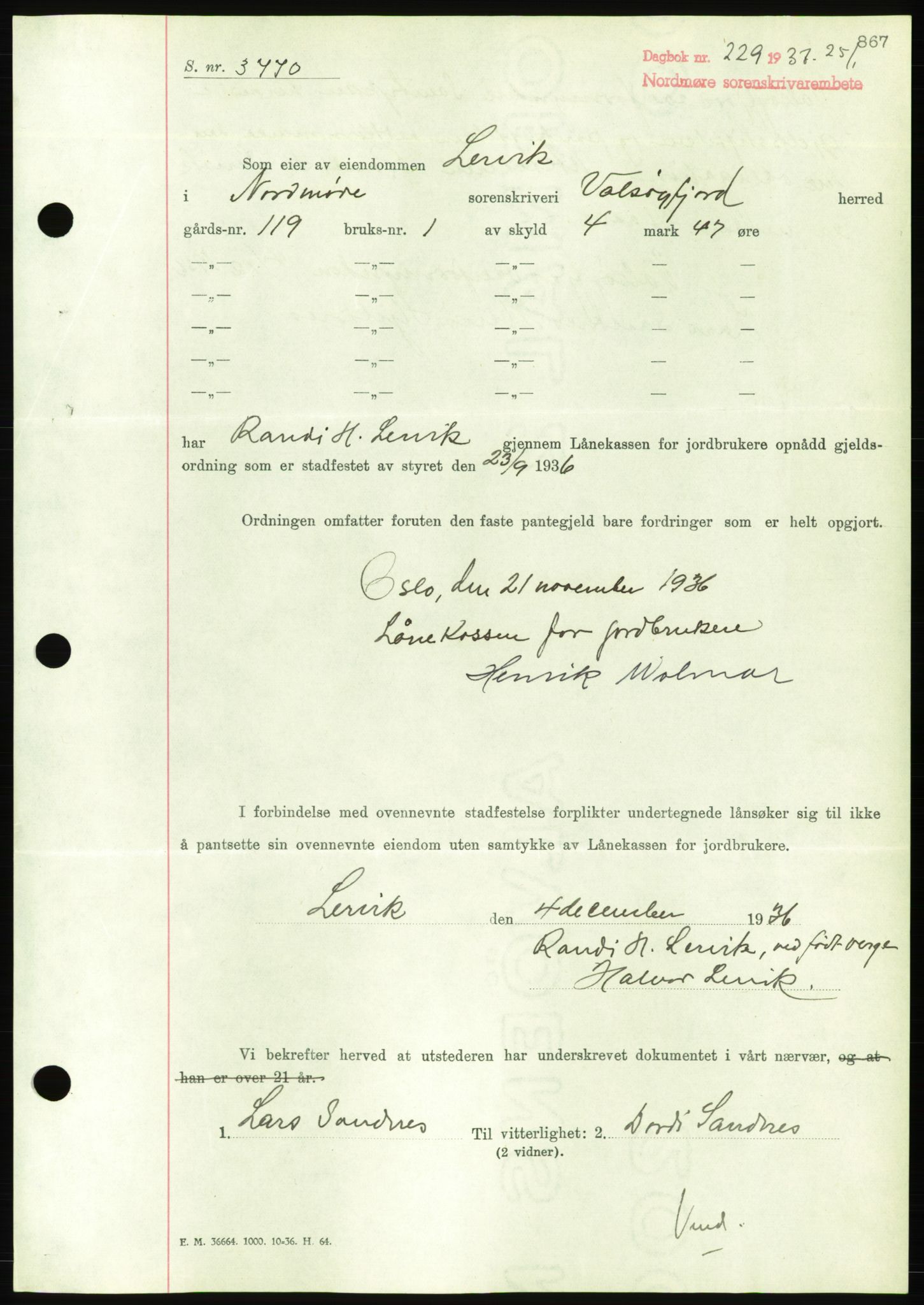 Nordmøre sorenskriveri, AV/SAT-A-4132/1/2/2Ca/L0090: Mortgage book no. B80, 1936-1937, Diary no: : 229/1937