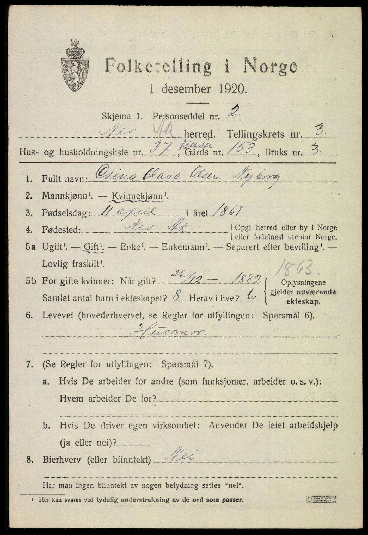 SAO, 1920 census for Nes, 1920, p. 6214