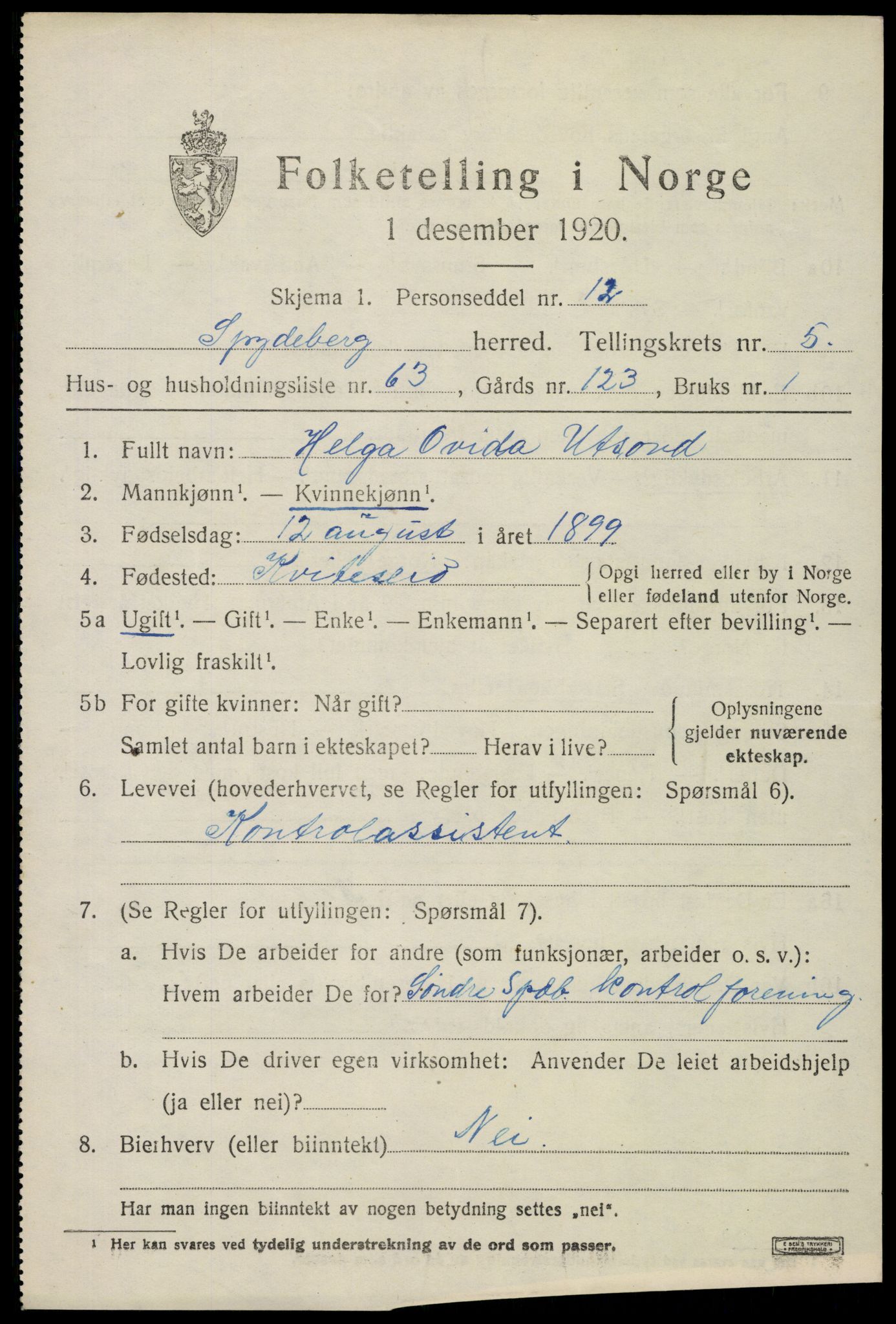 SAO, 1920 census for Spydeberg, 1920, p. 6927