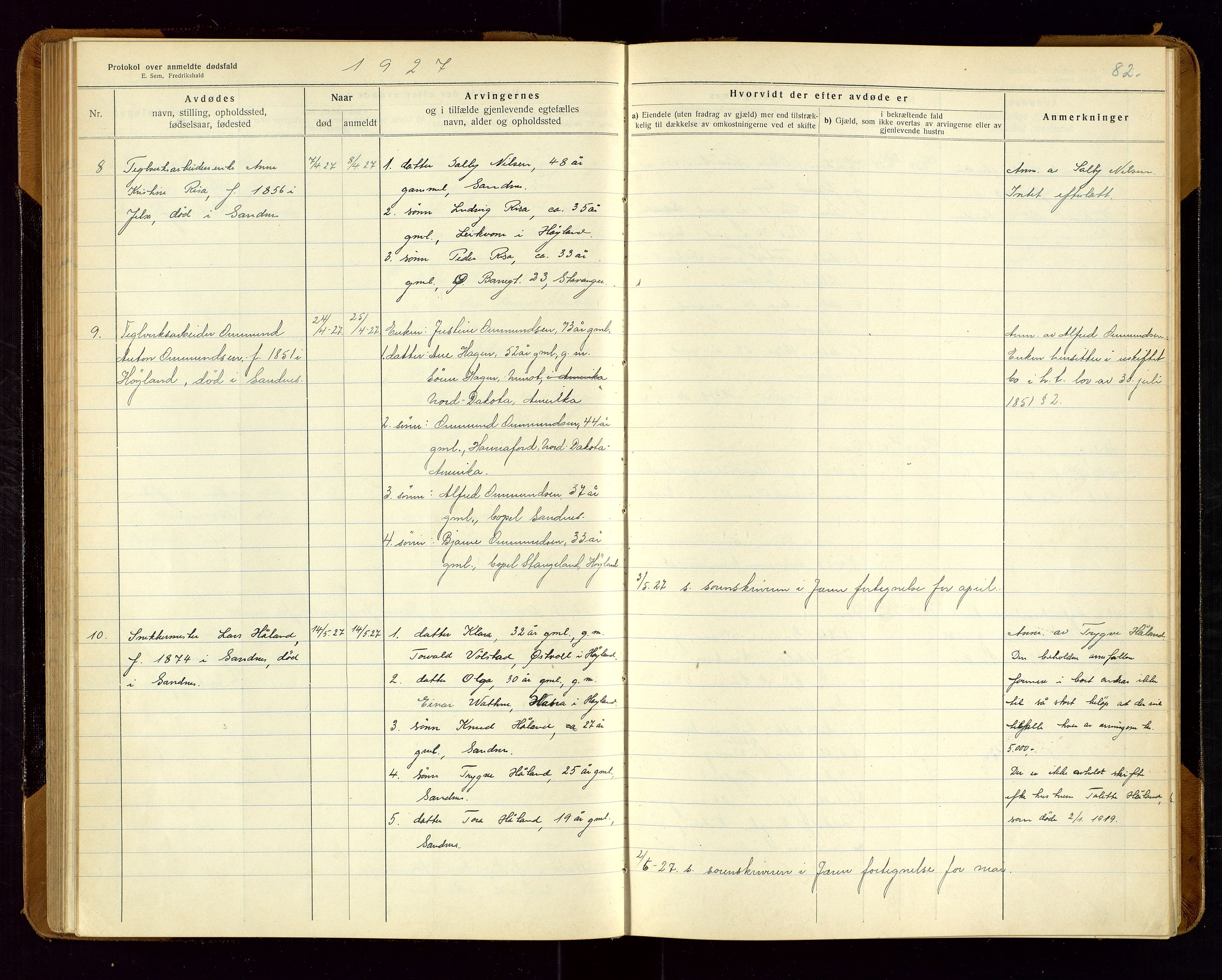 Sandnes lensmannskontor, SAST/A-100167/Gga/L0001: "Protokol over anmeldte dødsfald" m/register, 1918-1940, p. 82