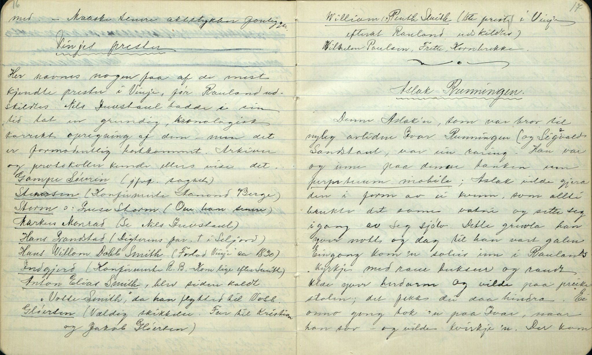 Rikard Berge, TEMU/TGM-A-1003/F/L0001/0005: 001-030 Innholdslister / 2. Erindringer om merkelige begivenheter, slegter, personligheder, 1900, p. 16-17