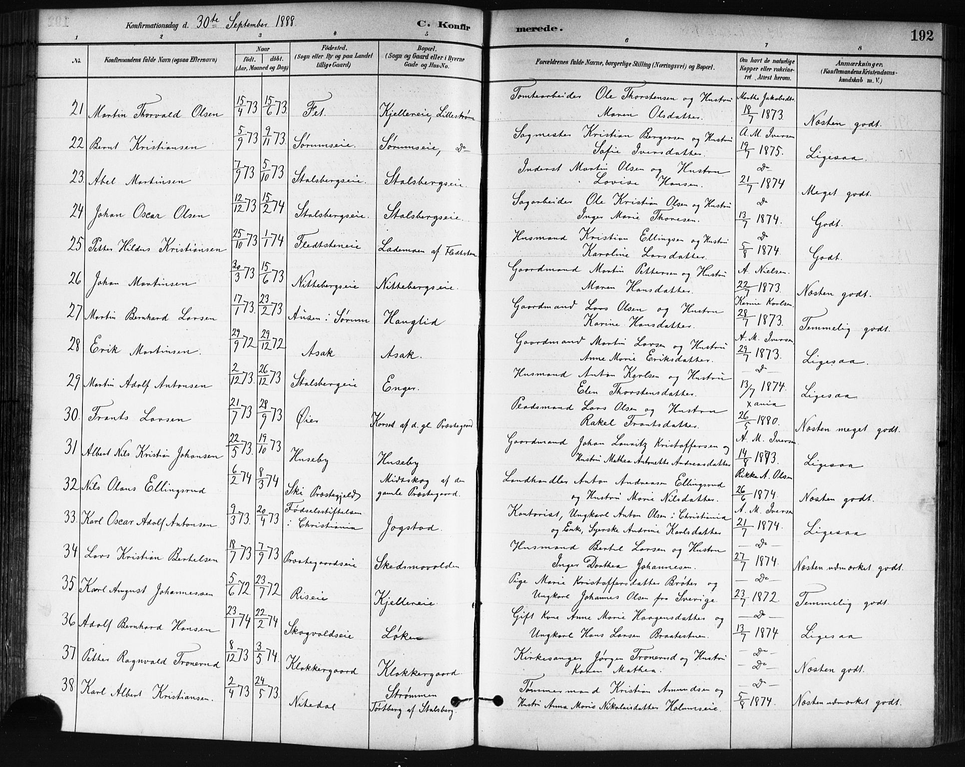 Skedsmo prestekontor Kirkebøker, SAO/A-10033a/G/Ga/L0004: Parish register (copy) no. I 4, 1883-1895, p. 192