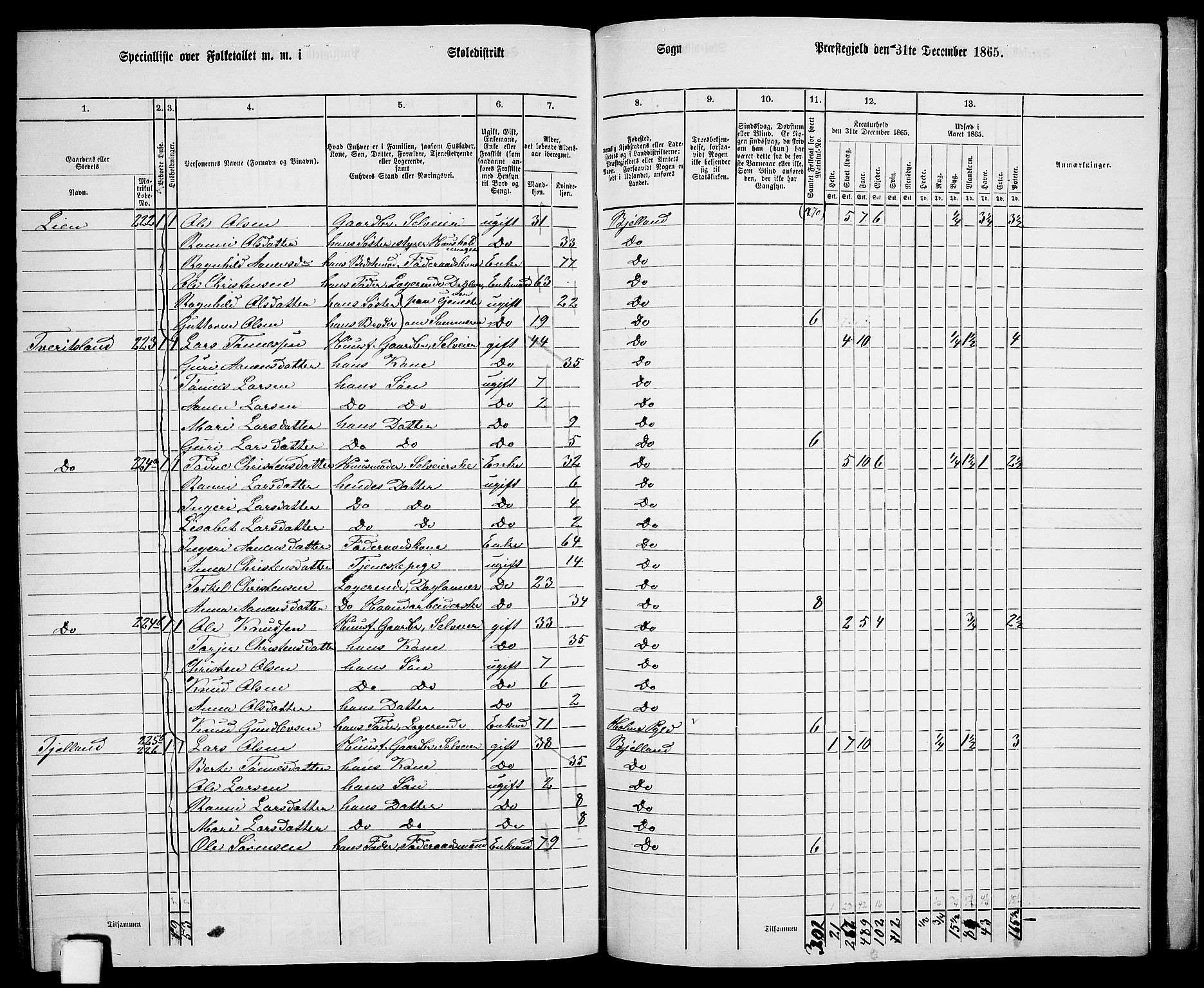 RA, 1865 census for Bjelland, 1865, p. 106