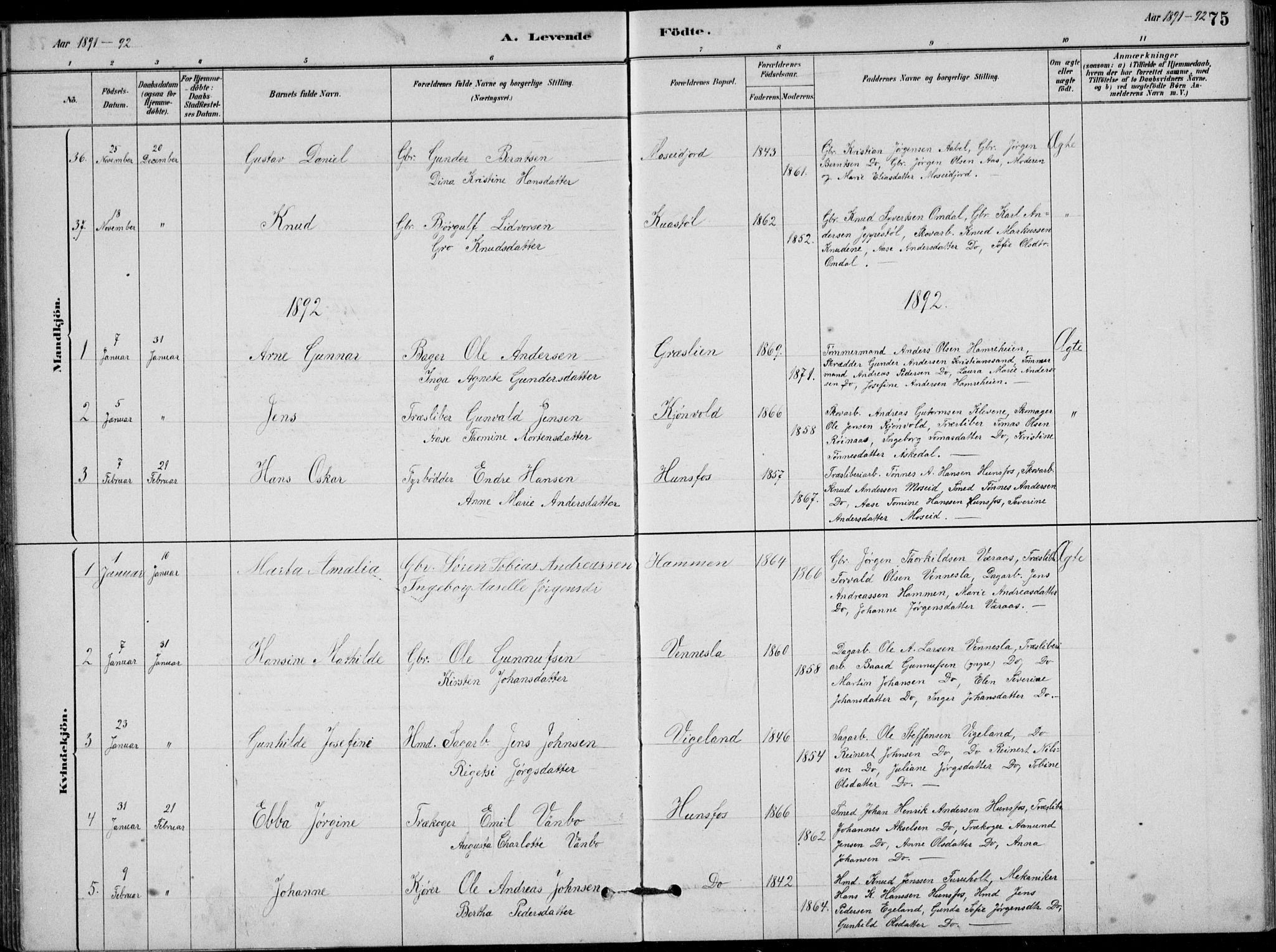 Vennesla sokneprestkontor, SAK/1111-0045/Fb/Fbb/L0003: Parish register (copy) no. B 3, 1879-1893, p. 75