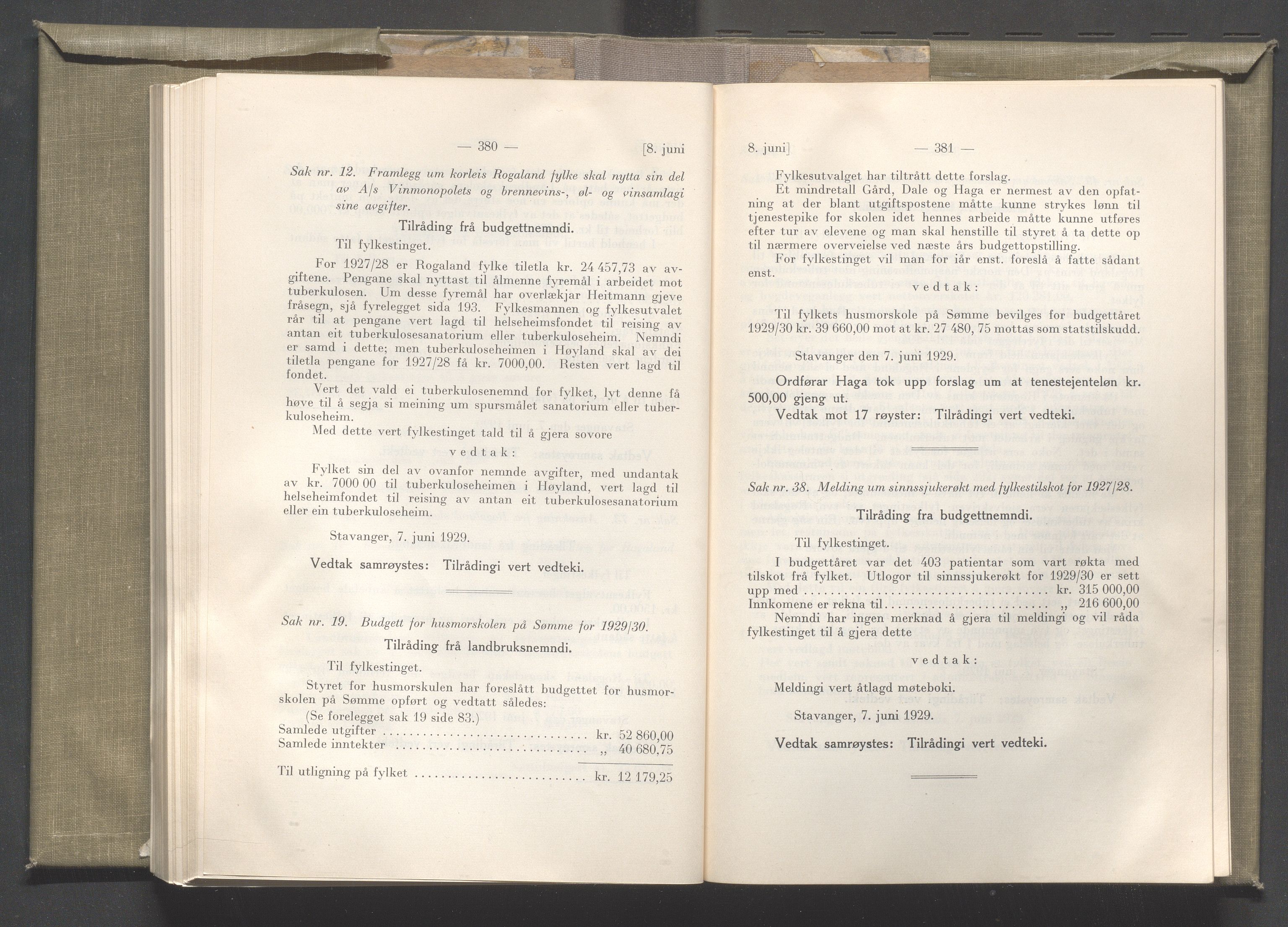 Rogaland fylkeskommune - Fylkesrådmannen , IKAR/A-900/A/Aa/Aaa/L0048: Møtebok , 1929, p. 380-381