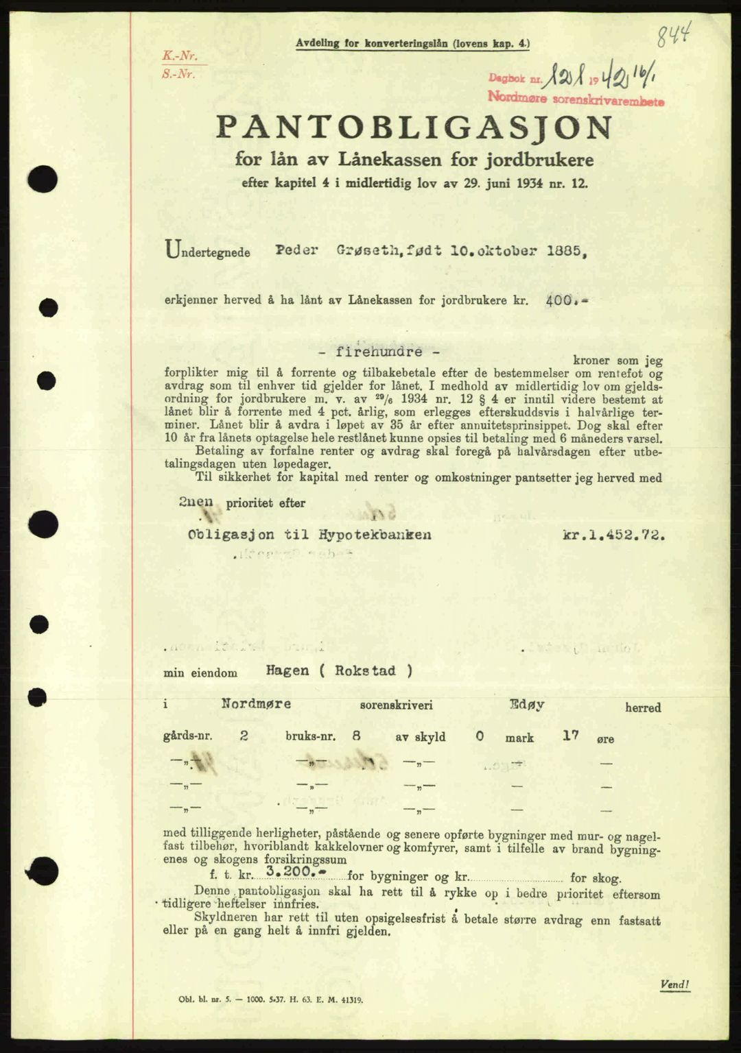 Nordmøre sorenskriveri, AV/SAT-A-4132/1/2/2Ca: Mortgage book no. B88, 1941-1942, Diary no: : 121/1942