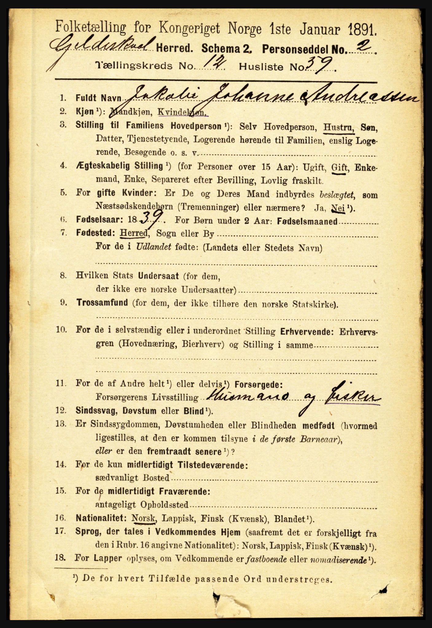 RA, 1891 census for 1838 Gildeskål, 1891, p. 4044