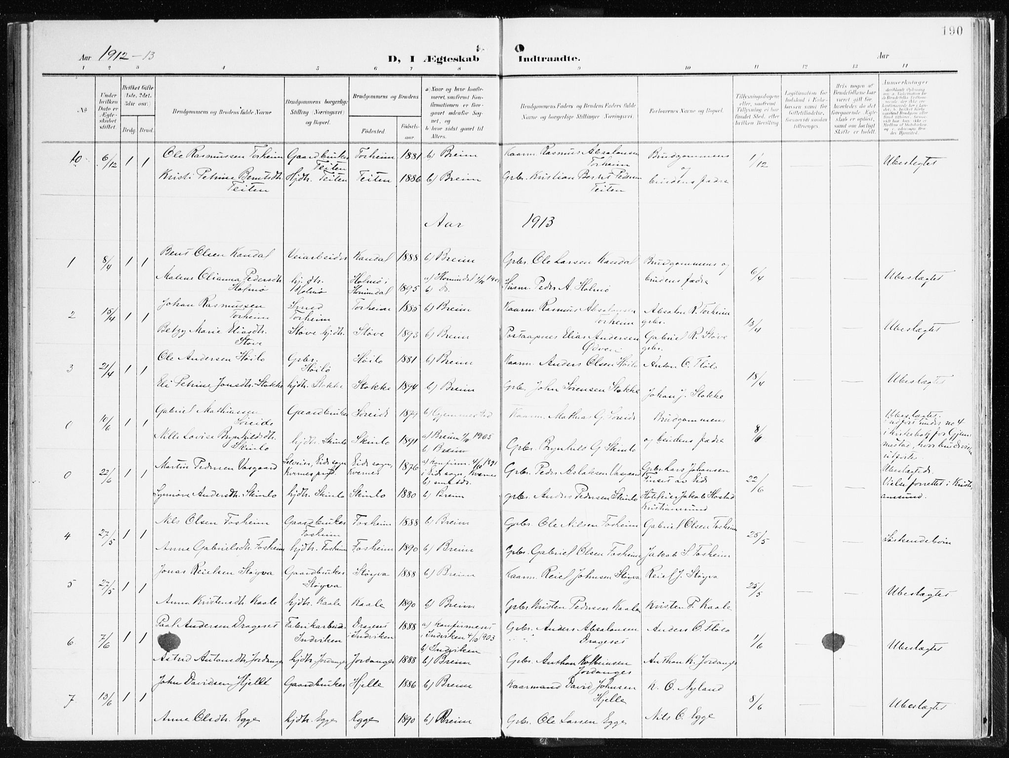 Gloppen sokneprestembete, AV/SAB-A-80101/H/Haa/Haac/L0003: Parish register (official) no. C 3, 1904-1921, p. 190