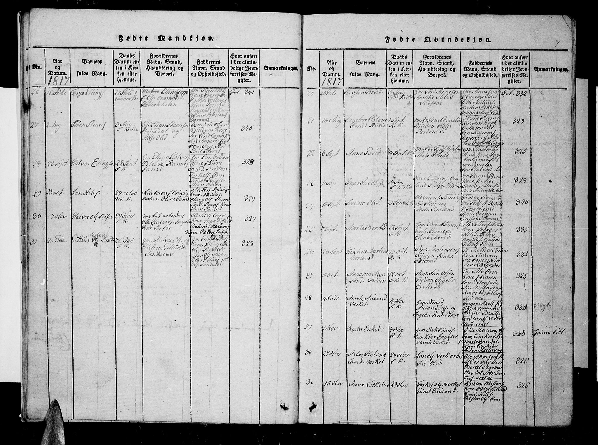 Søndeled sokneprestkontor, AV/SAK-1111-0038/F/Fb/L0002: Parish register (copy) no. B 2, 1816-1839, p. 7