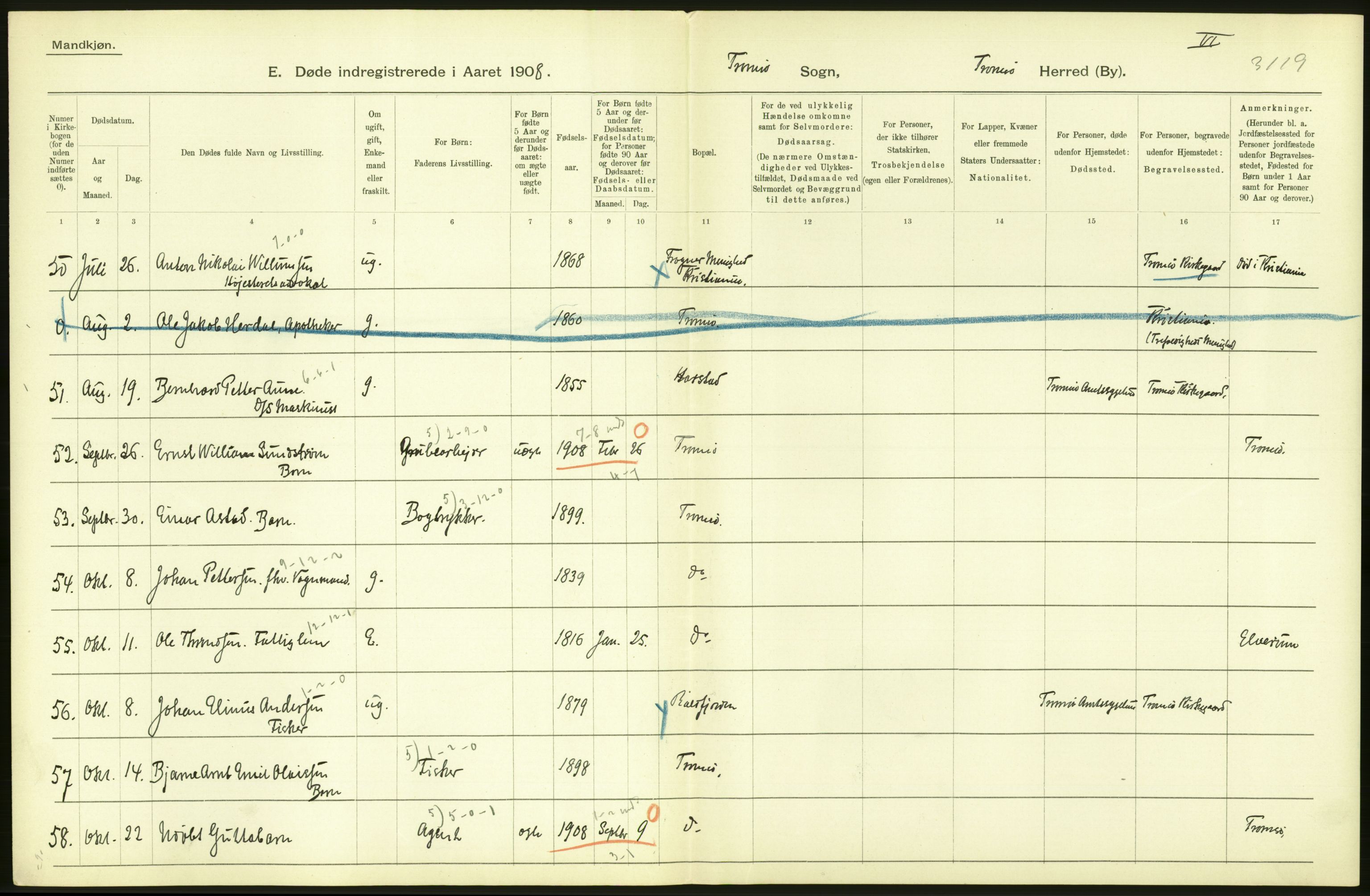 Statistisk sentralbyrå, Sosiodemografiske emner, Befolkning, AV/RA-S-2228/D/Df/Dfa/Dfaf/L0047: Tromsø amt: Gifte, døde, dødfødte. Bygder og byer., 1908, p. 64