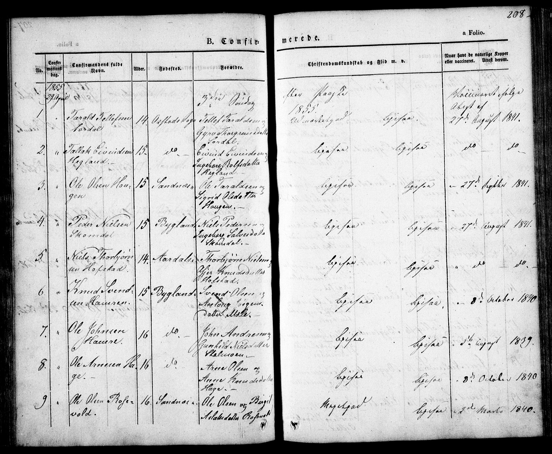 Bygland sokneprestkontor, AV/SAK-1111-0006/F/Fa/Fab/L0004: Parish register (official) no. A 4, 1842-1858, p. 208