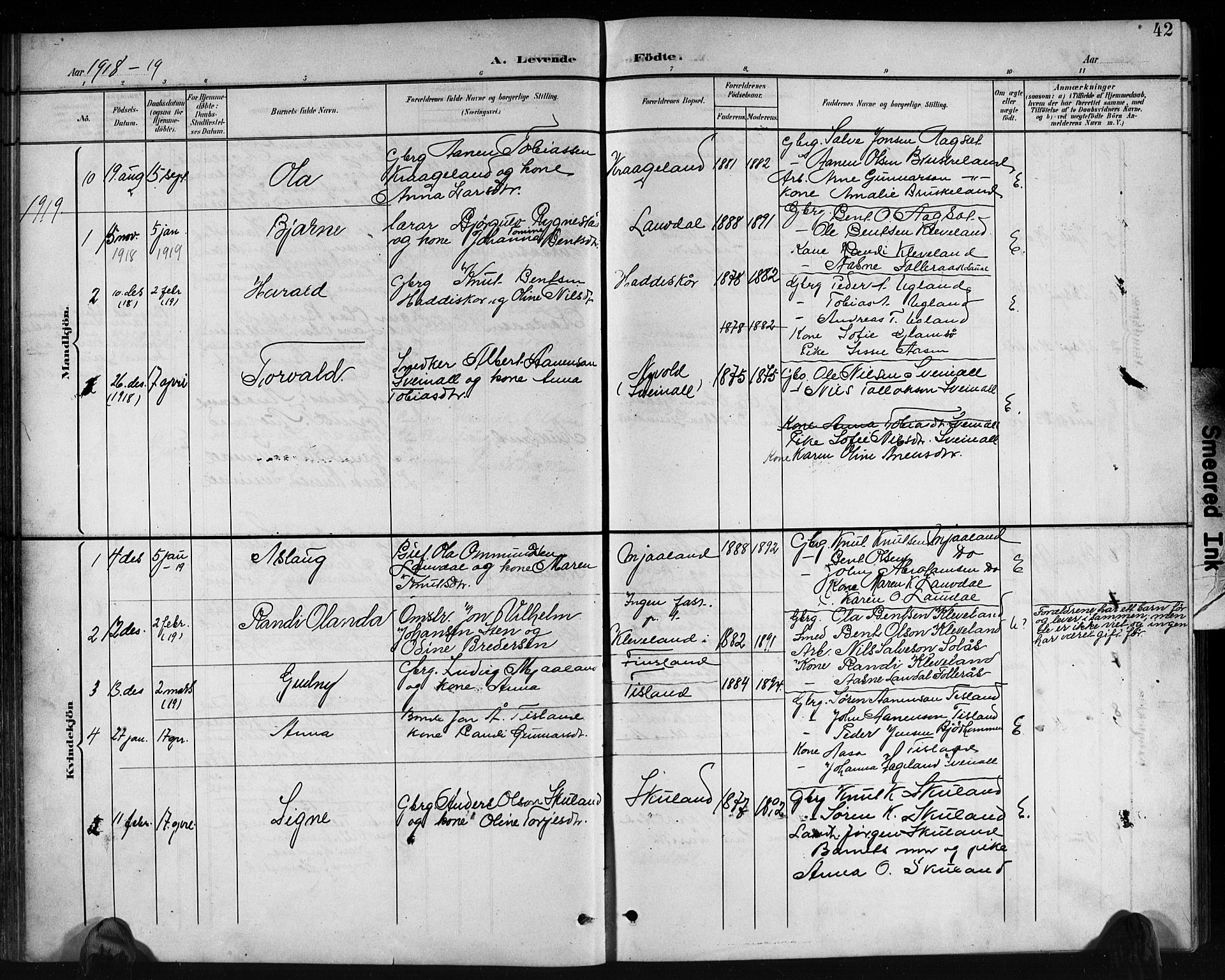 Holum sokneprestkontor, AV/SAK-1111-0022/F/Fb/Fbb/L0004: Parish register (copy) no. B 4, 1899-1920, p. 42