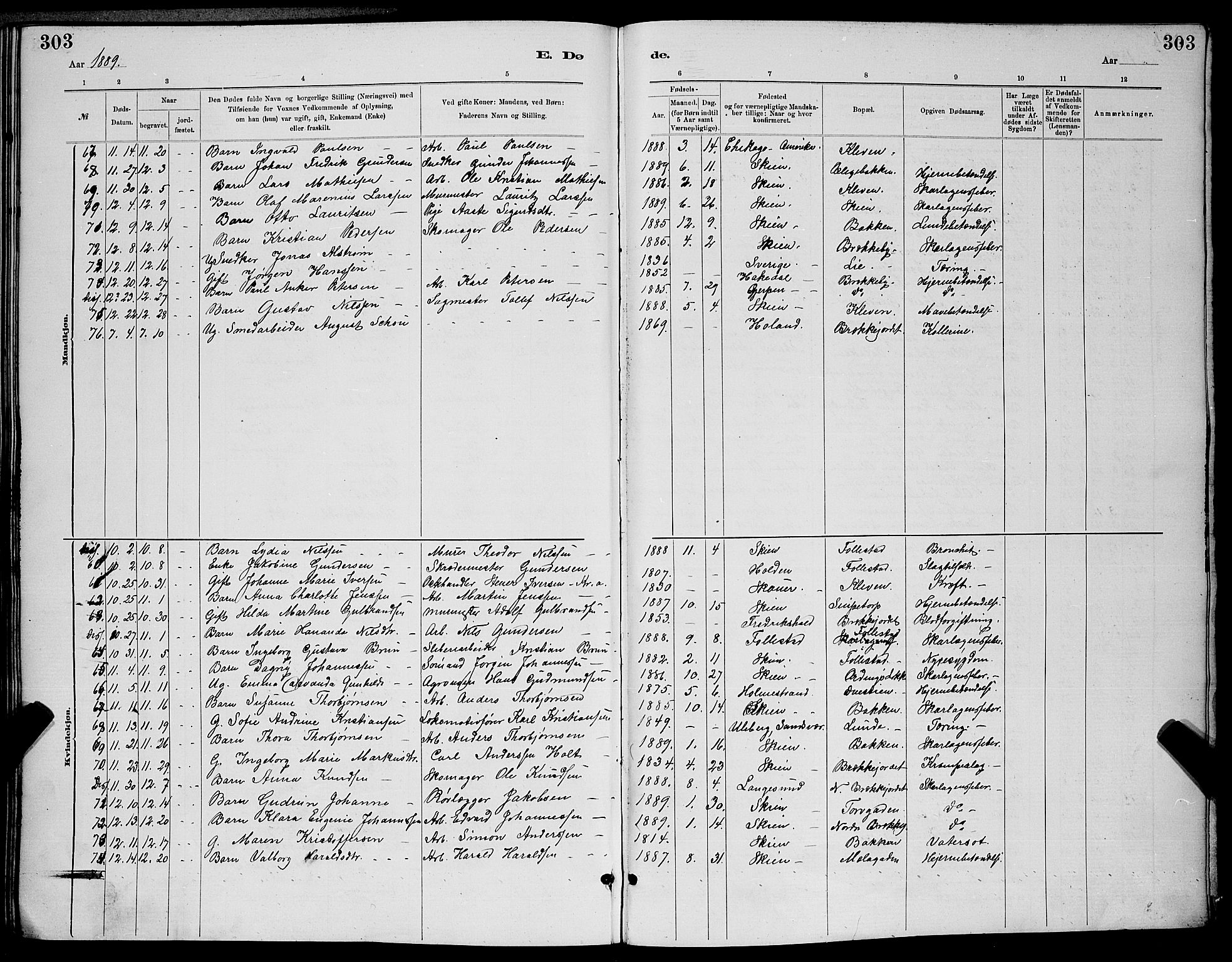 Skien kirkebøker, AV/SAKO-A-302/G/Ga/L0006: Parish register (copy) no. 6, 1881-1890, p. 303