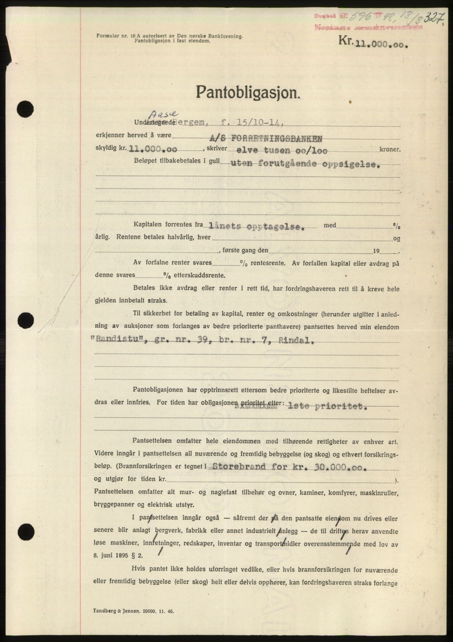 Nordmøre sorenskriveri, AV/SAT-A-4132/1/2/2Ca: Mortgage book no. B98, 1948-1948, Diary no: : 596/1948