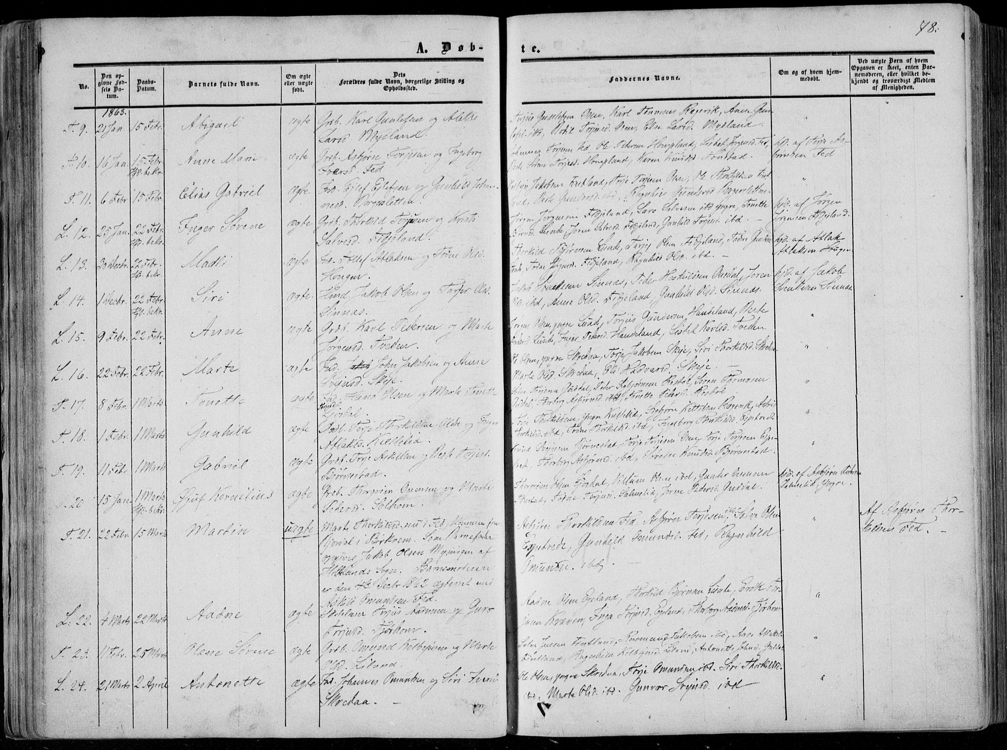 Sirdal sokneprestkontor, AV/SAK-1111-0036/F/Fa/Fab/L0002: Parish register (official) no. A 2, 1855-1874, p. 78