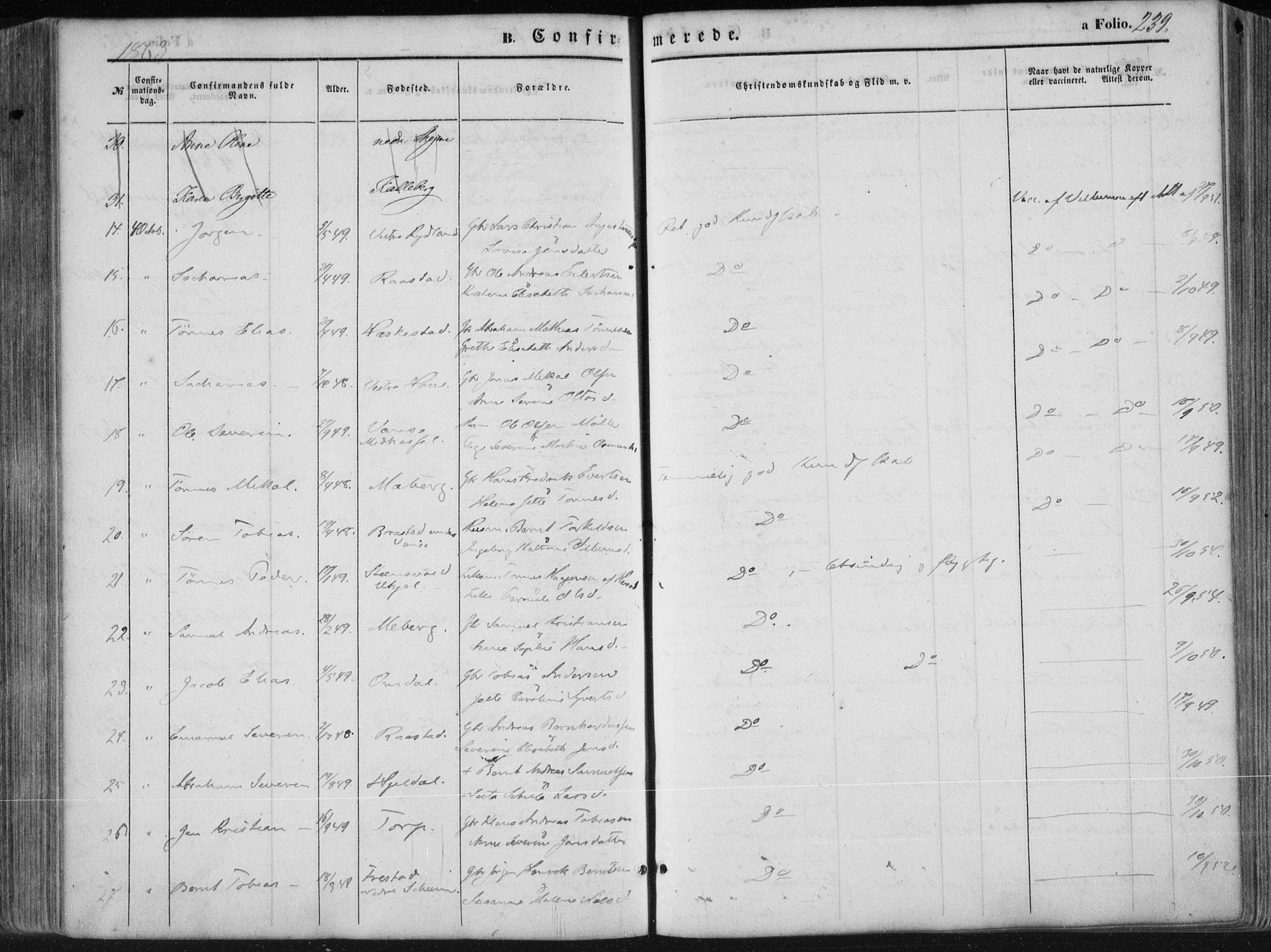 Lista sokneprestkontor, AV/SAK-1111-0027/F/Fa/L0011: Parish register (official) no. A 11, 1861-1878, p. 239