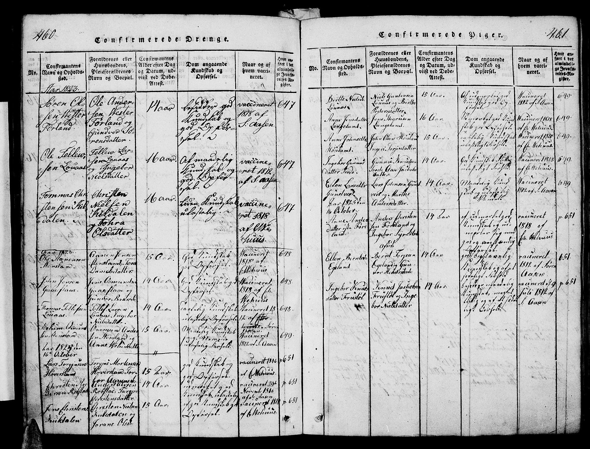 Vennesla sokneprestkontor, AV/SAK-1111-0045/Fb/Fba/L0001: Parish register (copy) no. B 1, 1820-1834, p. 460-461