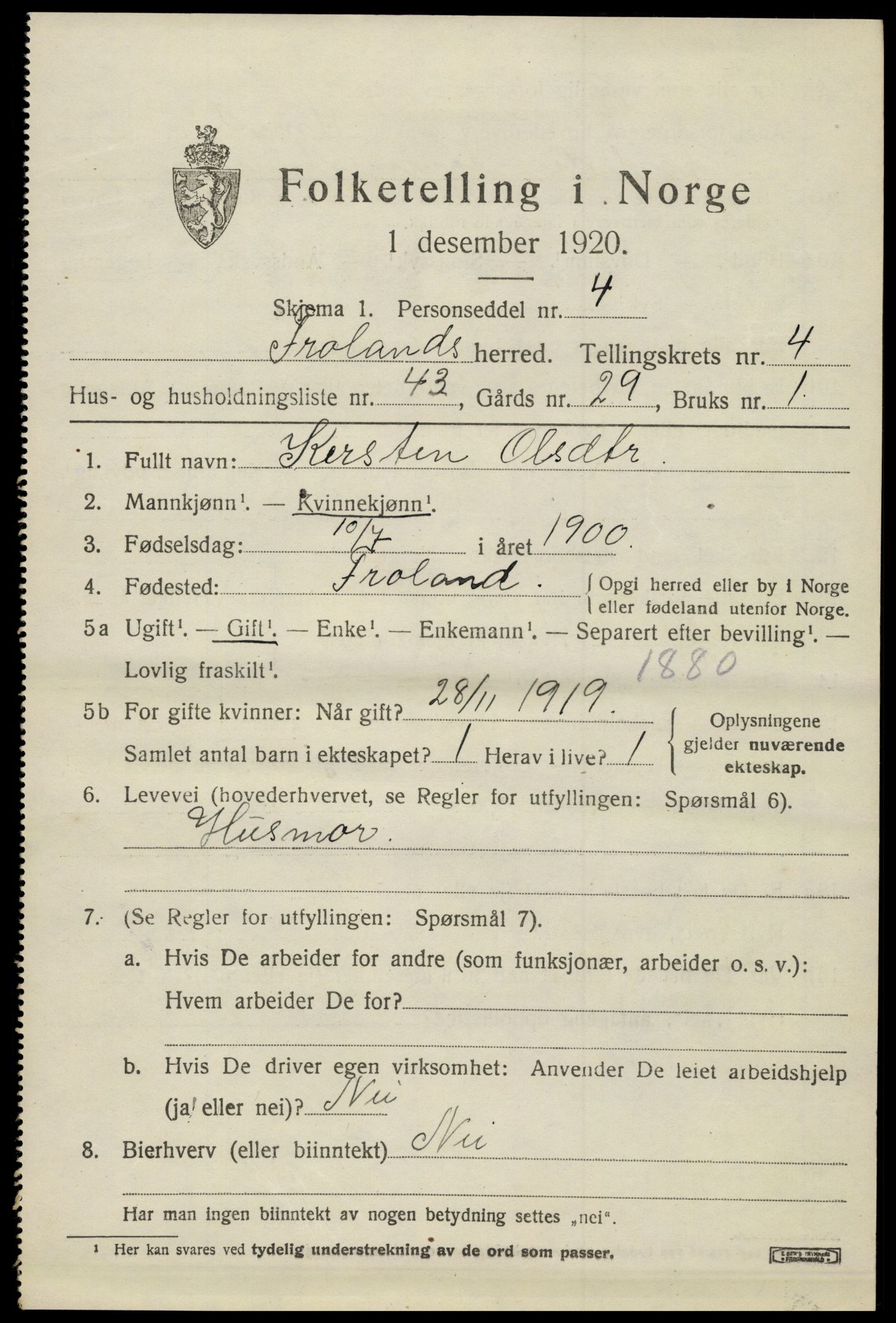 SAK, 1920 census for Froland, 1920, p. 3557