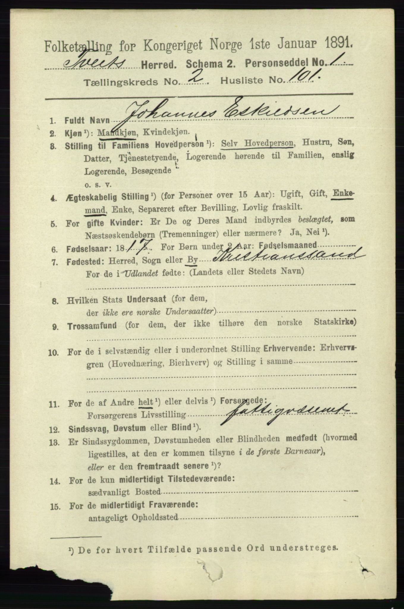 RA, 1891 census for 1013 Tveit, 1891, p. 1085