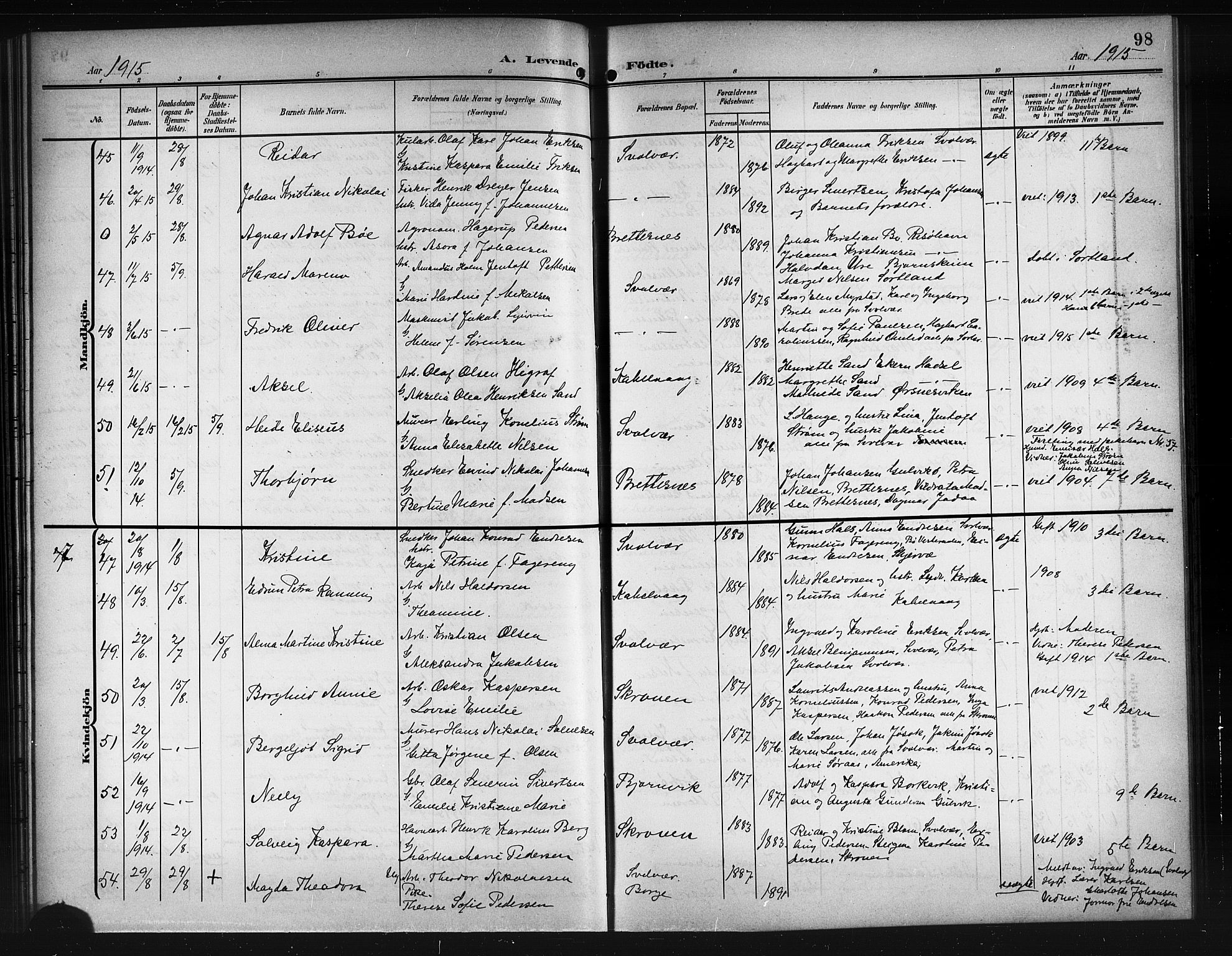 Ministerialprotokoller, klokkerbøker og fødselsregistre - Nordland, AV/SAT-A-1459/874/L1079: Parish register (copy) no. 874C08, 1907-1915, p. 98