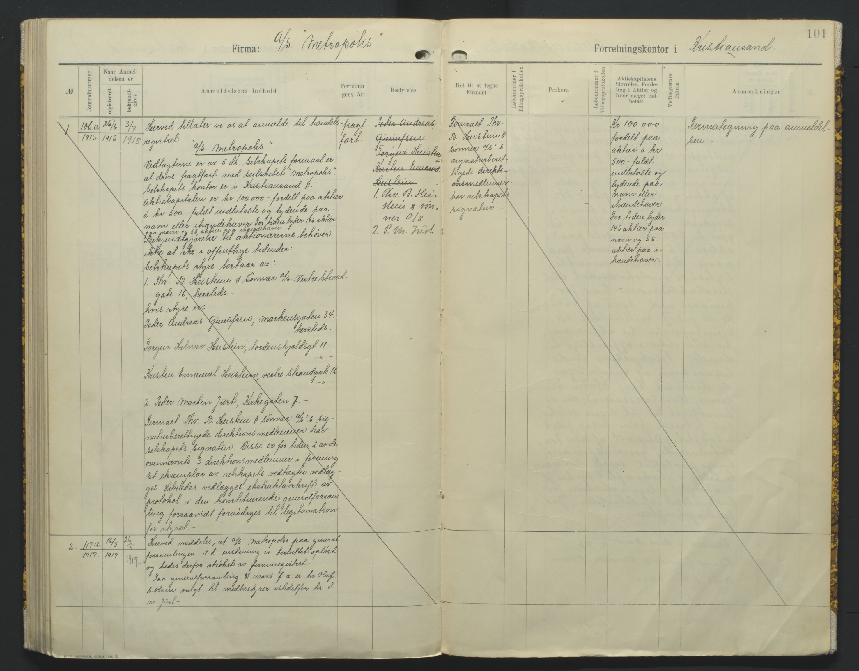 Kristiansand byrett, AV/SAK-1223-0001/K/Kb/L0010: Handelsregister B III, 1907-1915, p. 101