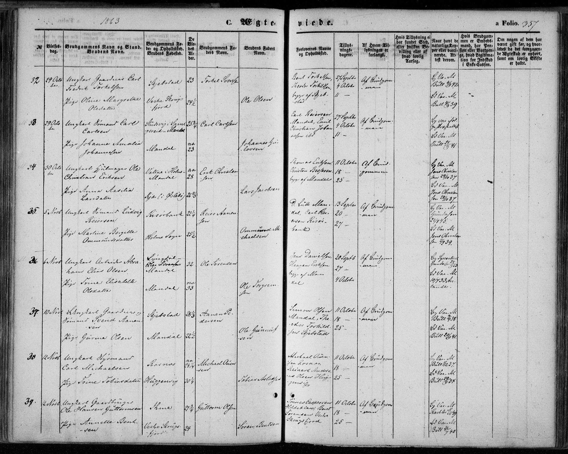 Mandal sokneprestkontor, SAK/1111-0030/F/Fa/Faa/L0014: Parish register (official) no. A 14, 1859-1872, p. 357