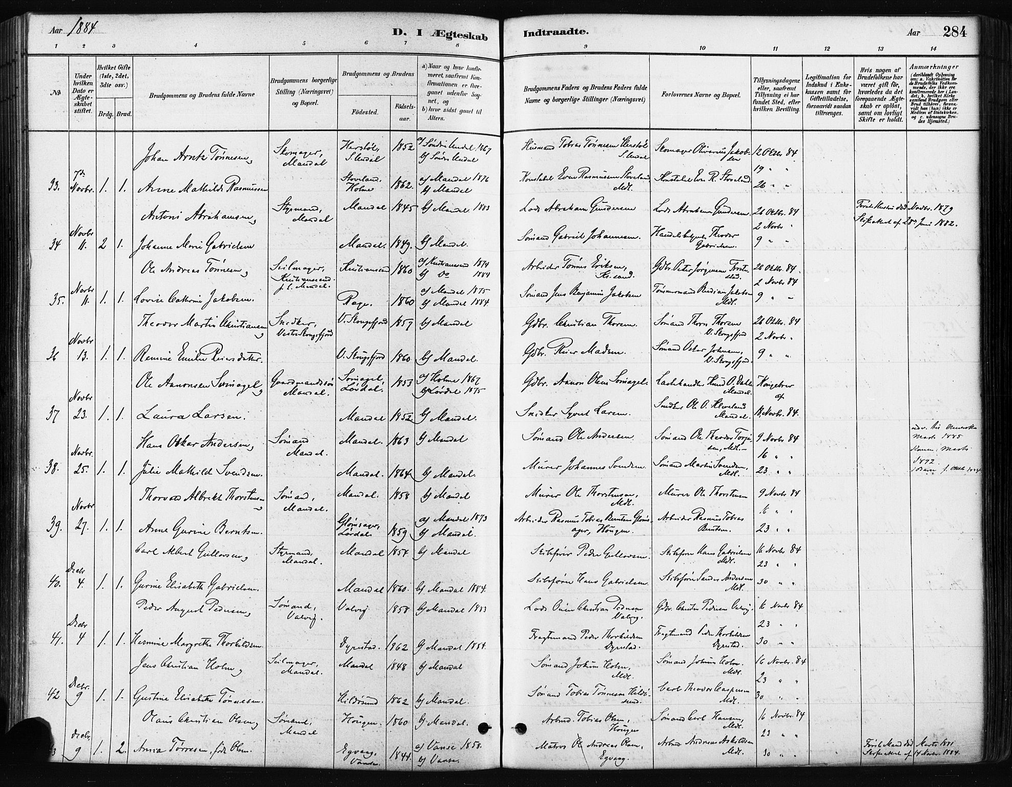 Mandal sokneprestkontor, AV/SAK-1111-0030/F/Fa/Faa/L0016: Parish register (official) no. A 16, 1880-1890, p. 284