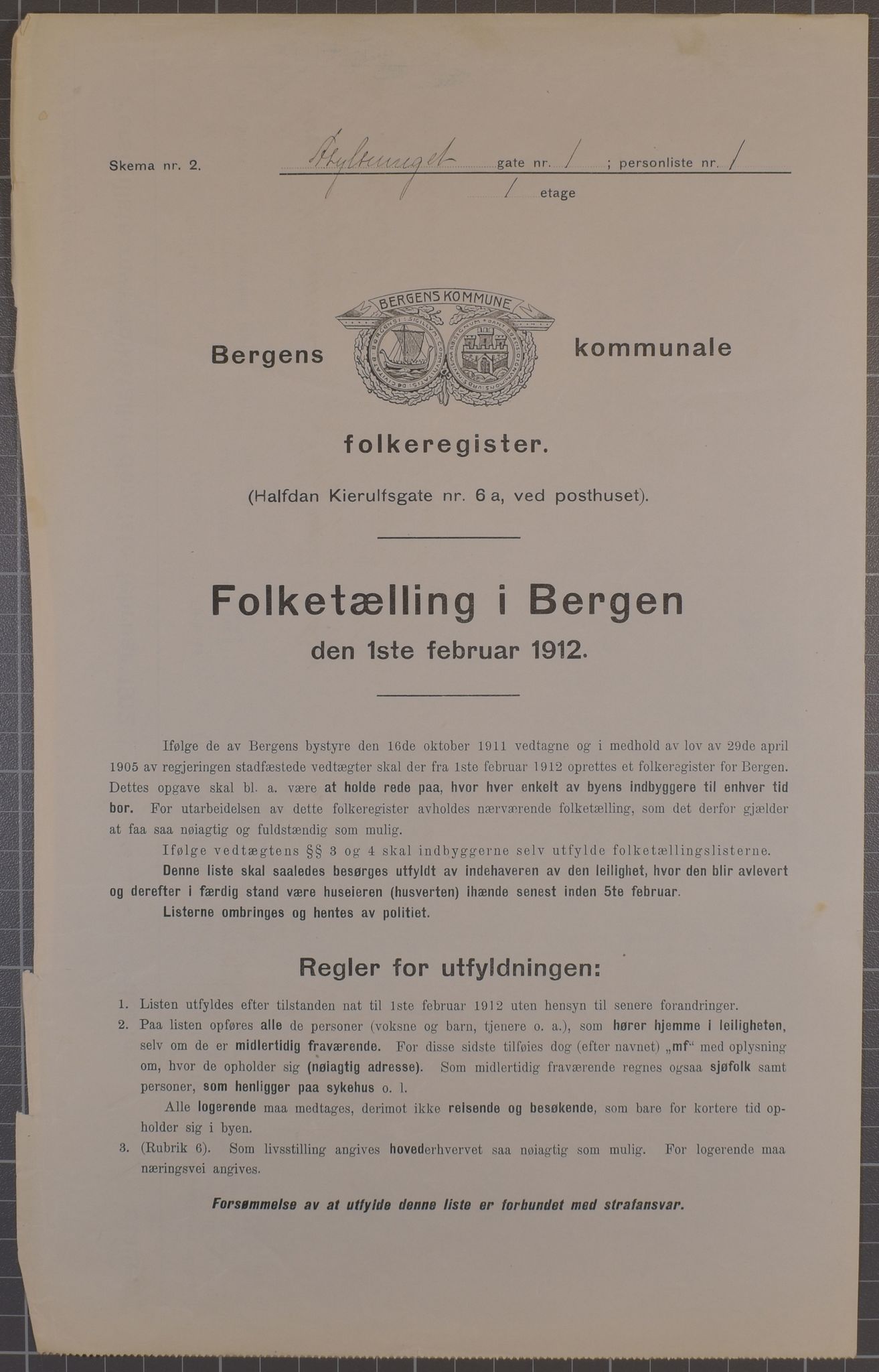 SAB, Municipal Census 1912 for Bergen, 1912, p. 1698