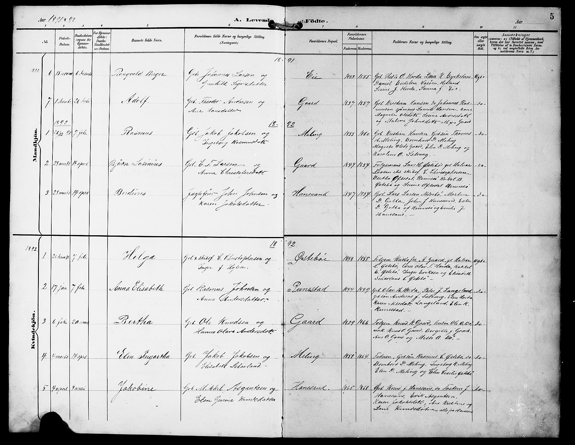 Finnøy sokneprestkontor, SAST/A-101825/H/Ha/Hab/L0005: Parish register (copy) no. B 5, 1891-1916, p. 5