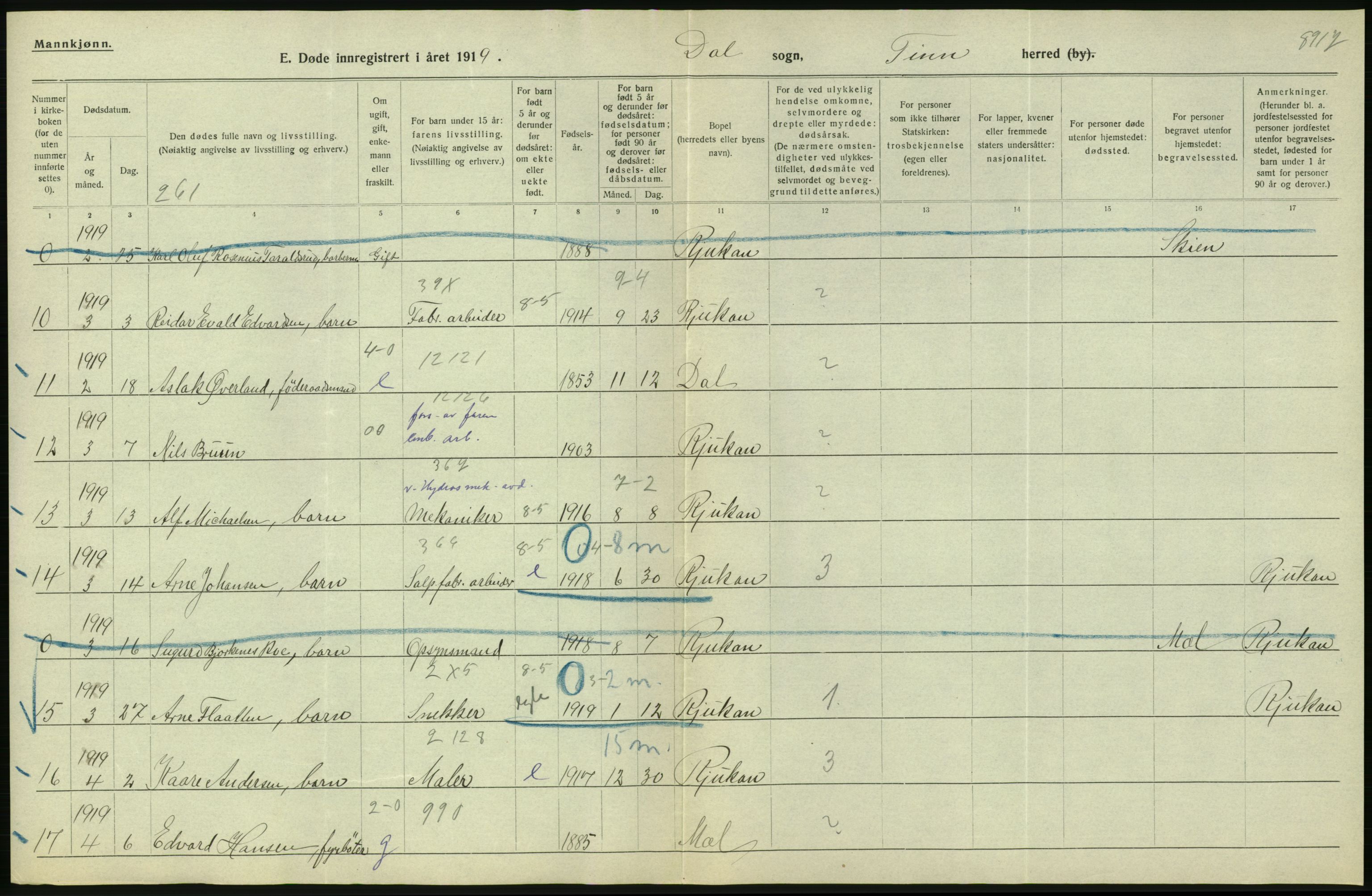 Statistisk sentralbyrå, Sosiodemografiske emner, Befolkning, RA/S-2228/D/Df/Dfb/Dfbi/L0023: Telemark fylke: Døde. Bygder og byer., 1919, p. 122