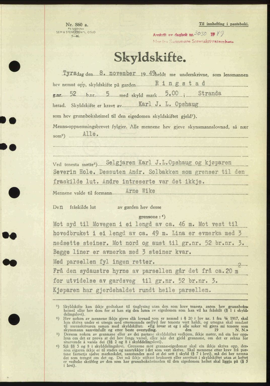 Nordre Sunnmøre sorenskriveri, AV/SAT-A-0006/1/2/2C/2Ca: Mortgage book no. A33, 1949-1950, Diary no: : 3030/1949