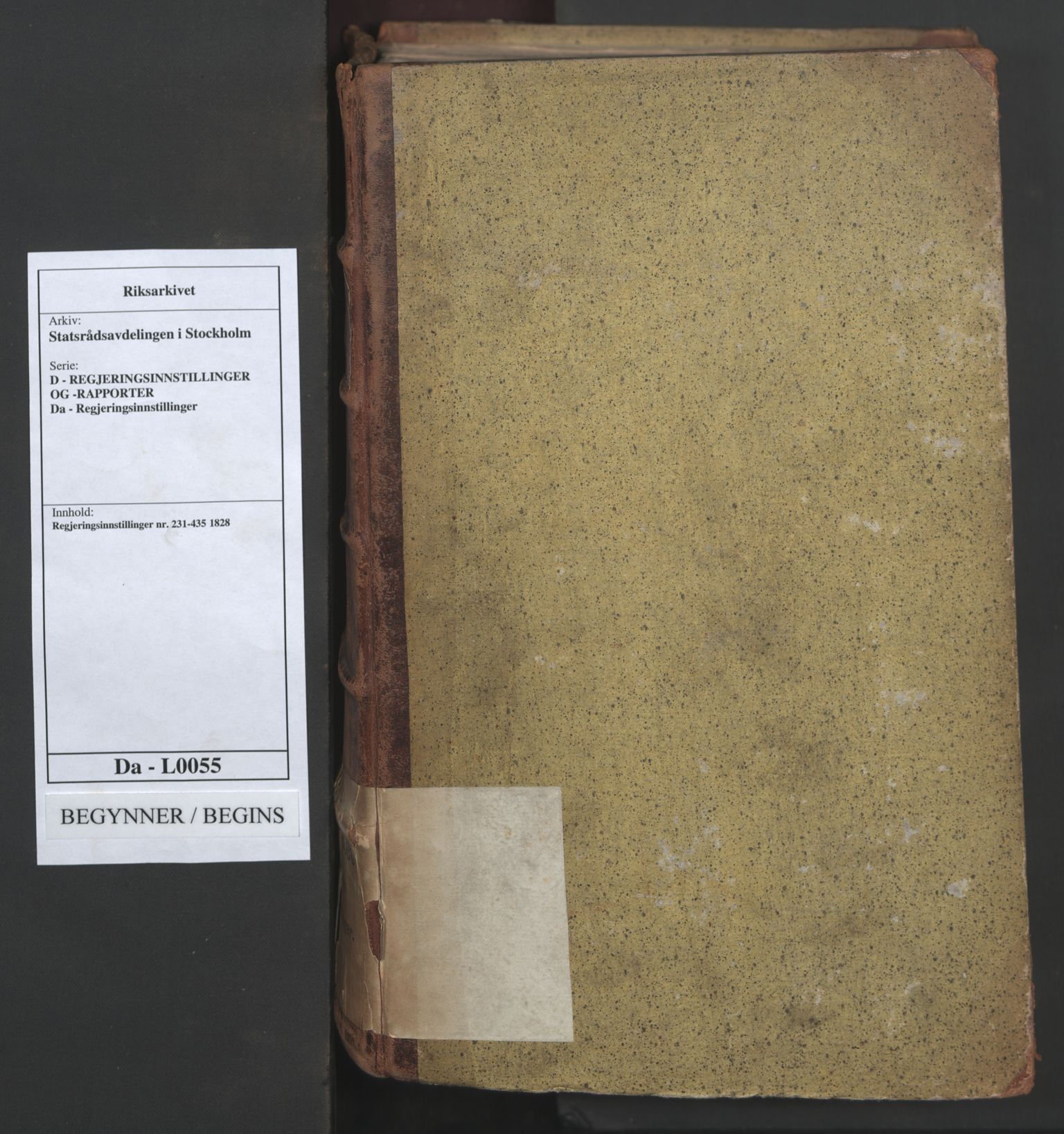 Statsrådsavdelingen i Stockholm, AV/RA-S-1003/D/Da/L0055: Regjeringsinnstillinger nr. 231-435, 1828, p. 1